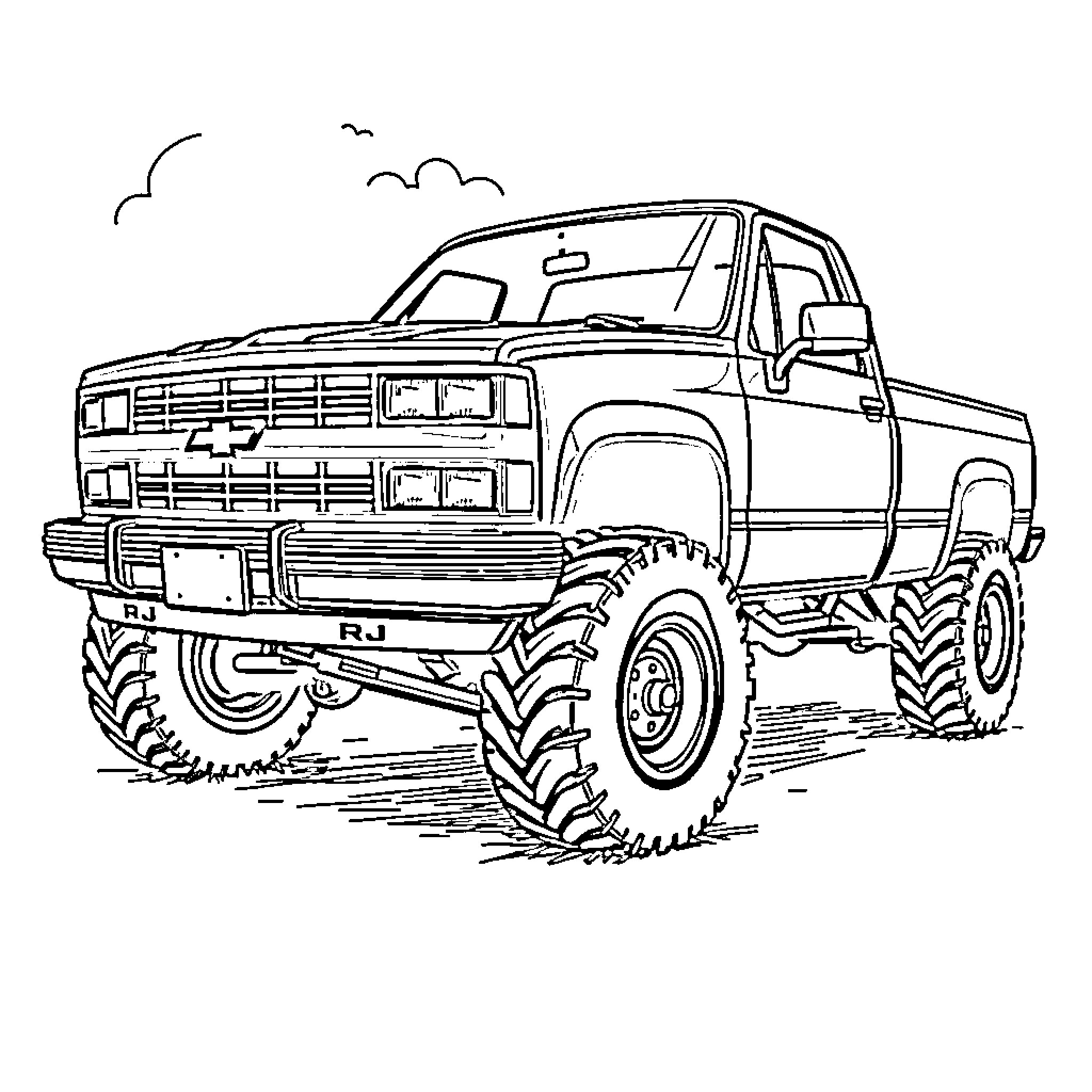 Chevy Truck Driving Through Rugged Terrain Coloring Page (free black-and-white line drawing printable PDF for all, from beginners to advanced learners, including children, teens, adults, and seniors)