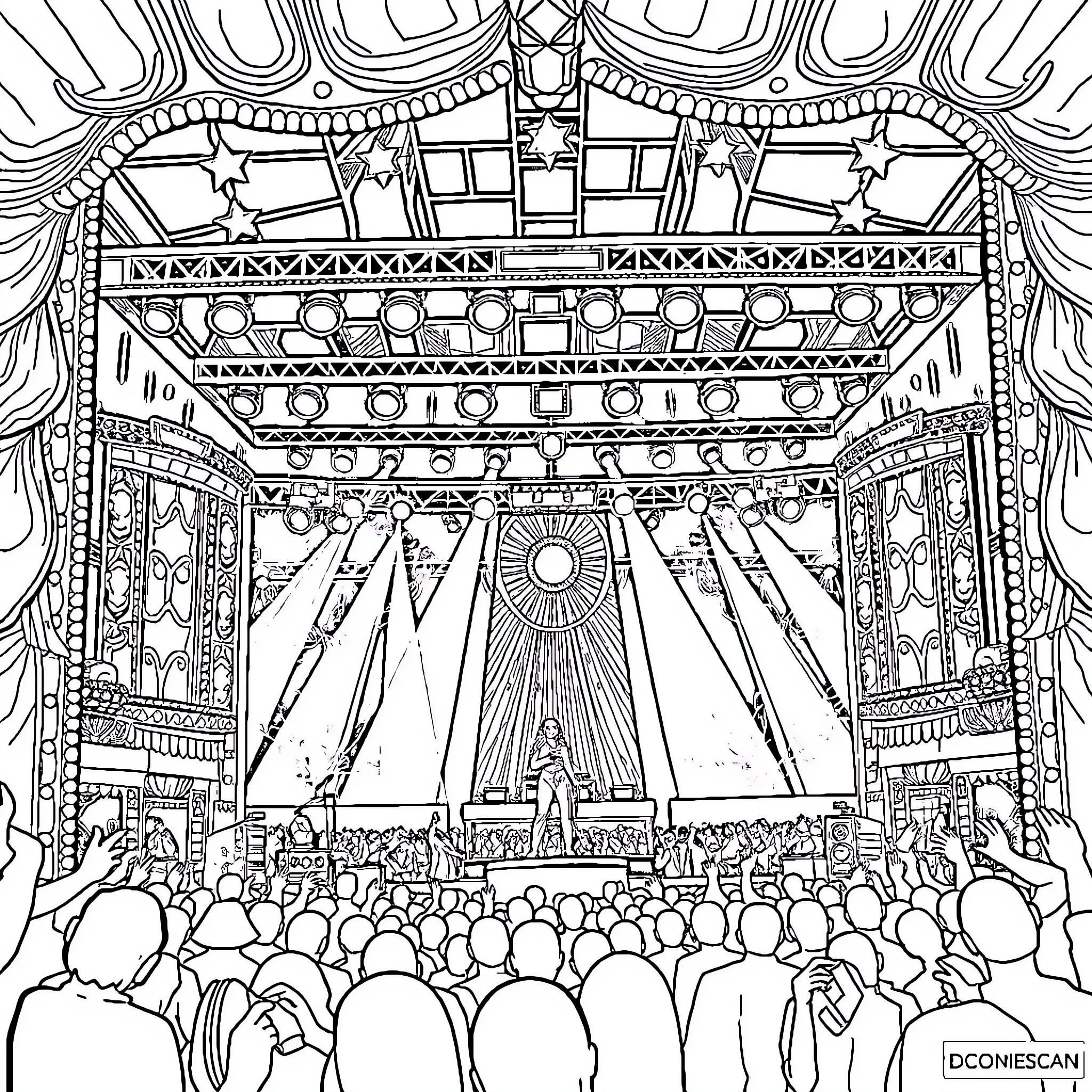 Beyonce's Captivating Stage Performance Coloring Page (free black-and-white line drawing printable PDF for all, from beginners to advanced learners, including children, teens, adults, and seniors)