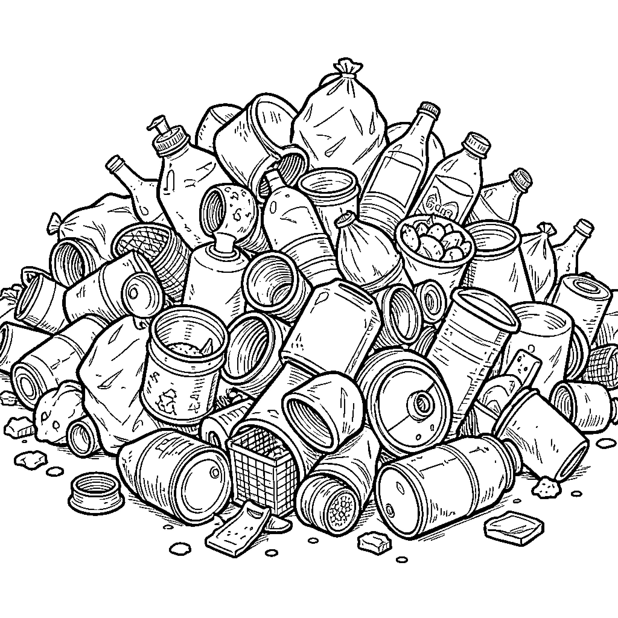 Caca pile of various discarded bottles and containers Coloring Page (free black-and-white line drawing printable PDF for all, from beginners to advanced learners, including children, teens, adults, and seniors)