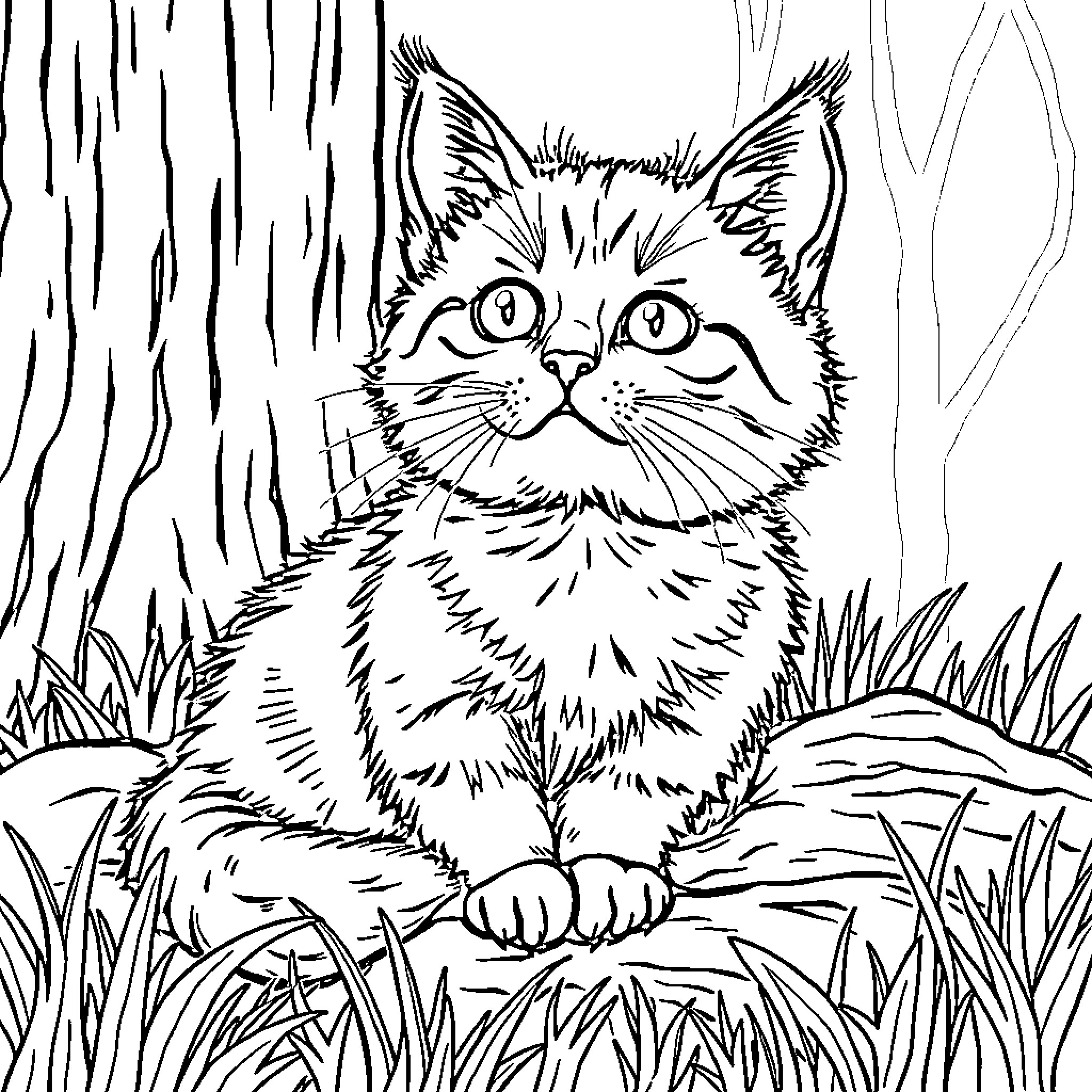 Cat curious in the wilderness Coloring Page (free black-and-white line drawing printable PDF for all, from beginners to advanced learners, including children, teens, adults, and seniors)