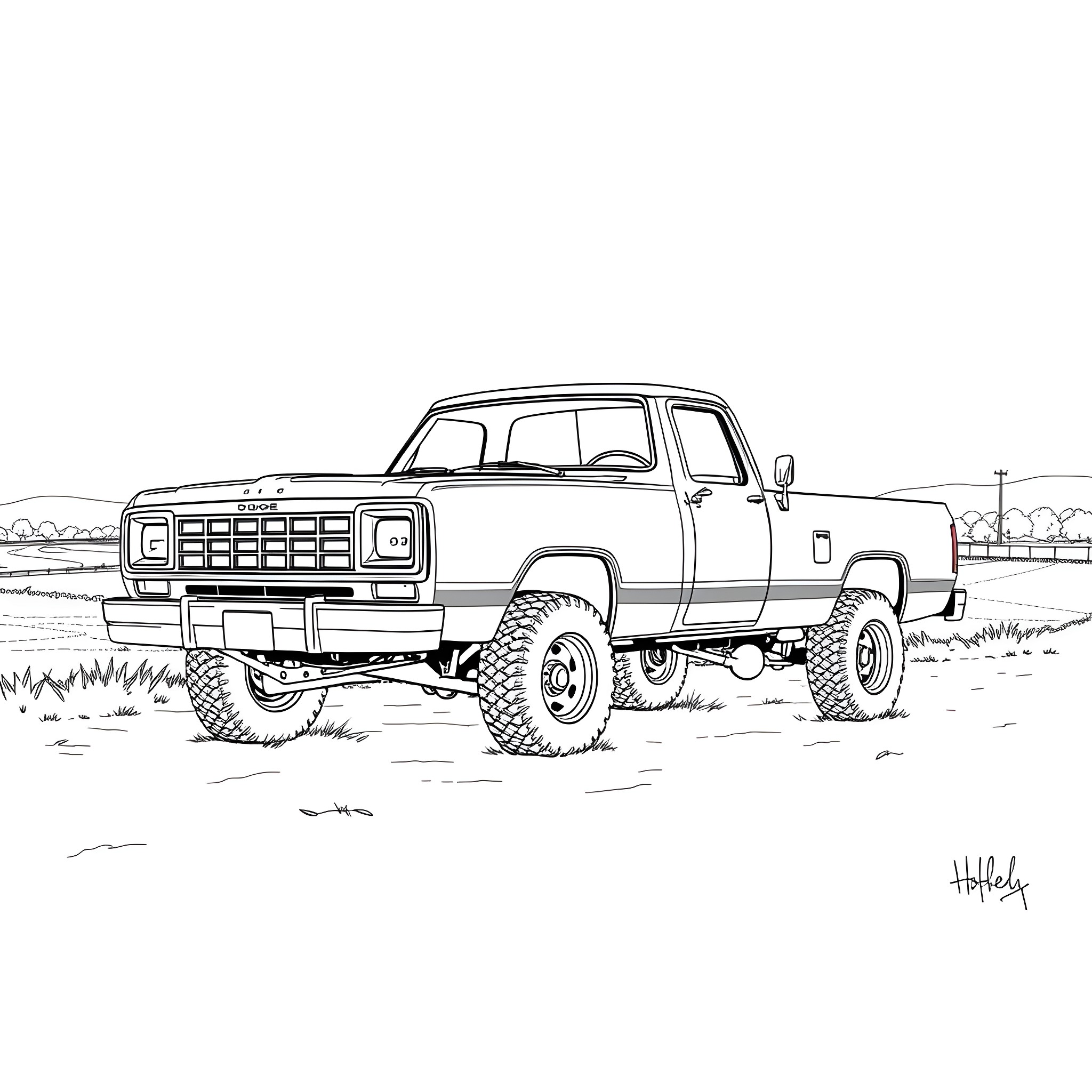 Dodge off-road truck in action-packed scene Coloring Page (free black-and-white line drawing printable PDF for all, from beginners to advanced learners, including children, teens, adults, and seniors)