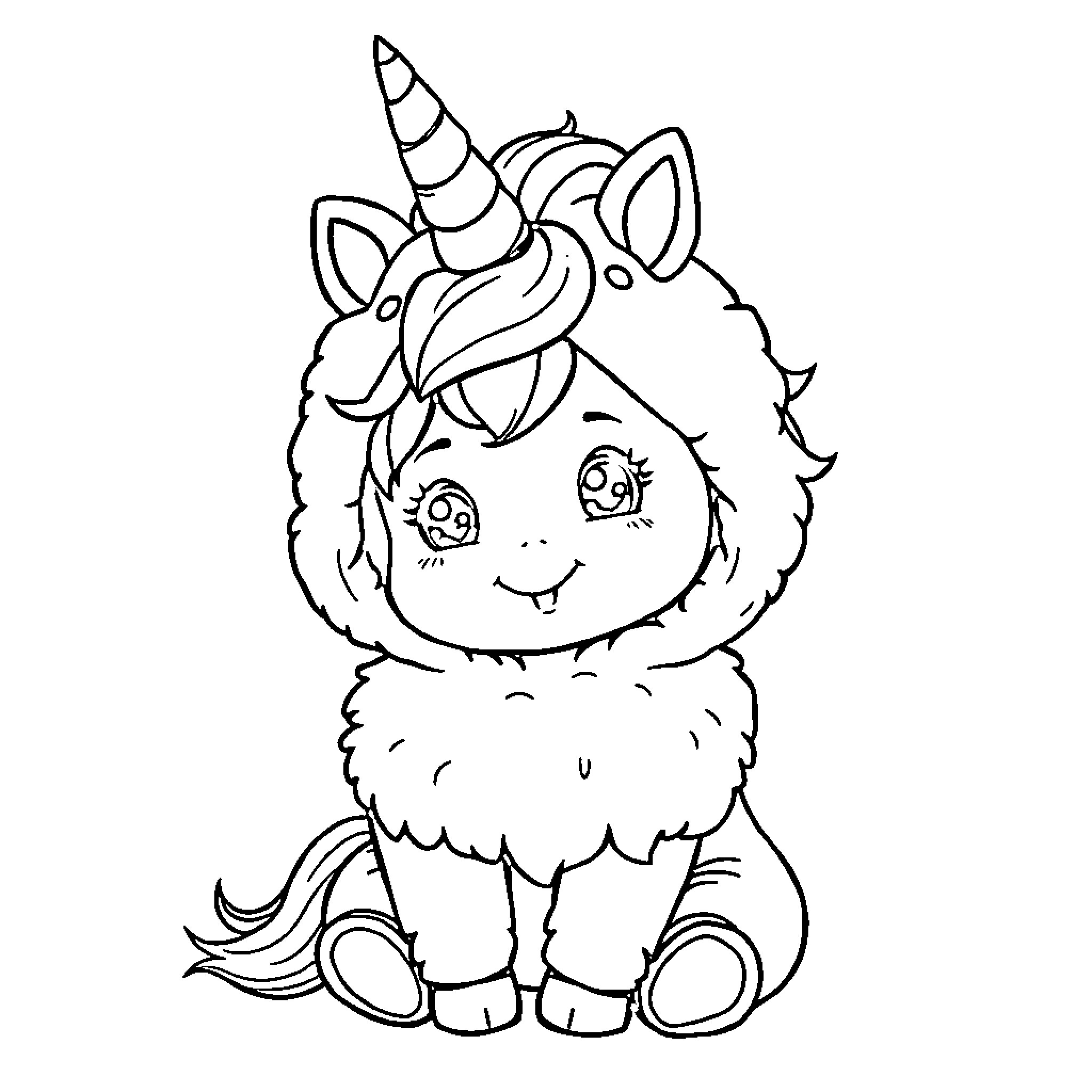 Unicorn-like creature with a happy expression Coloring Page (free black-and-white line drawing printable PDF for all, from beginners to advanced learners, including children, teens, adults, and seniors)