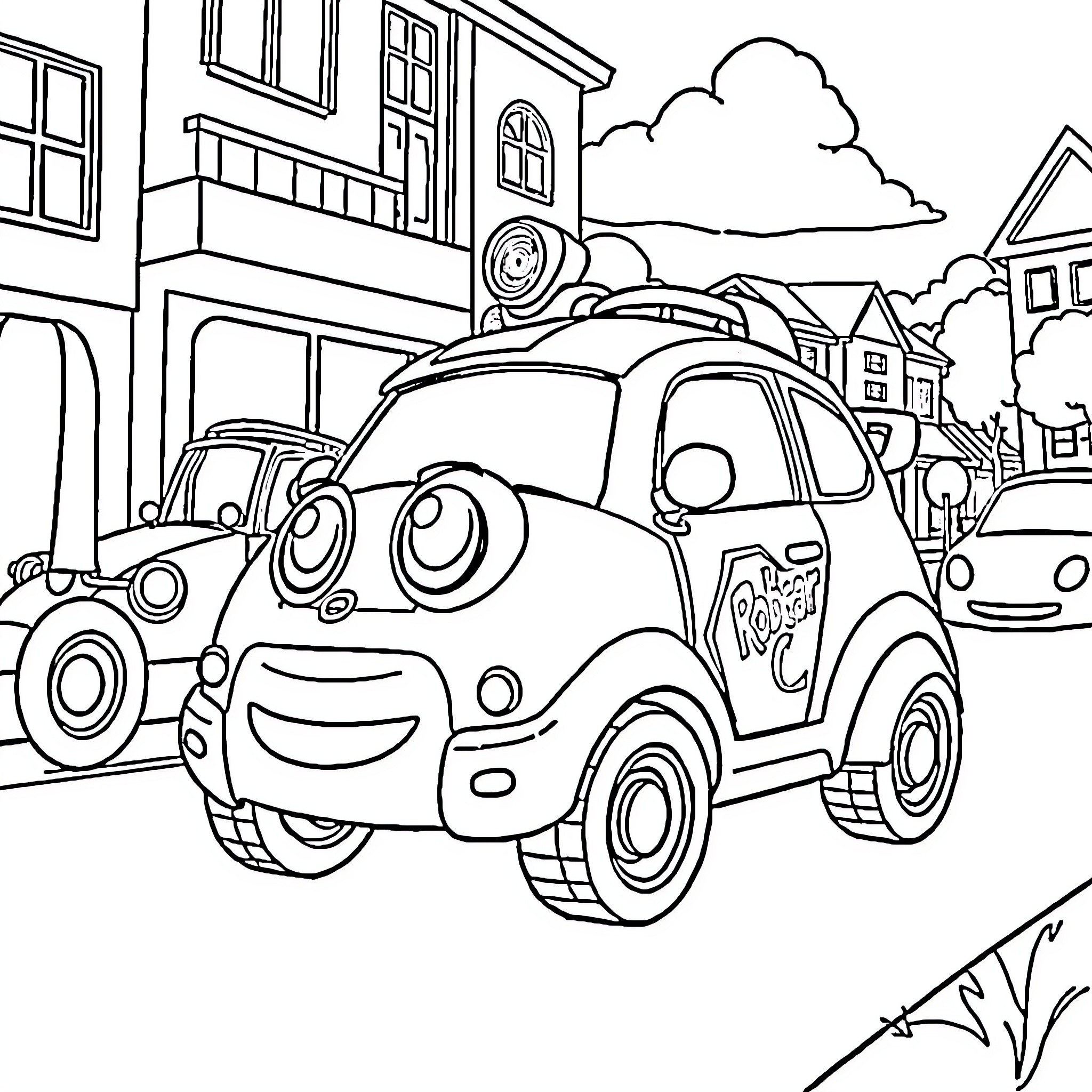 Robocar Poli driving happily in the town Coloring Page (free black-and-white line drawing printable PDF for all, from beginners to advanced learners, including children, teens, adults, and seniors)