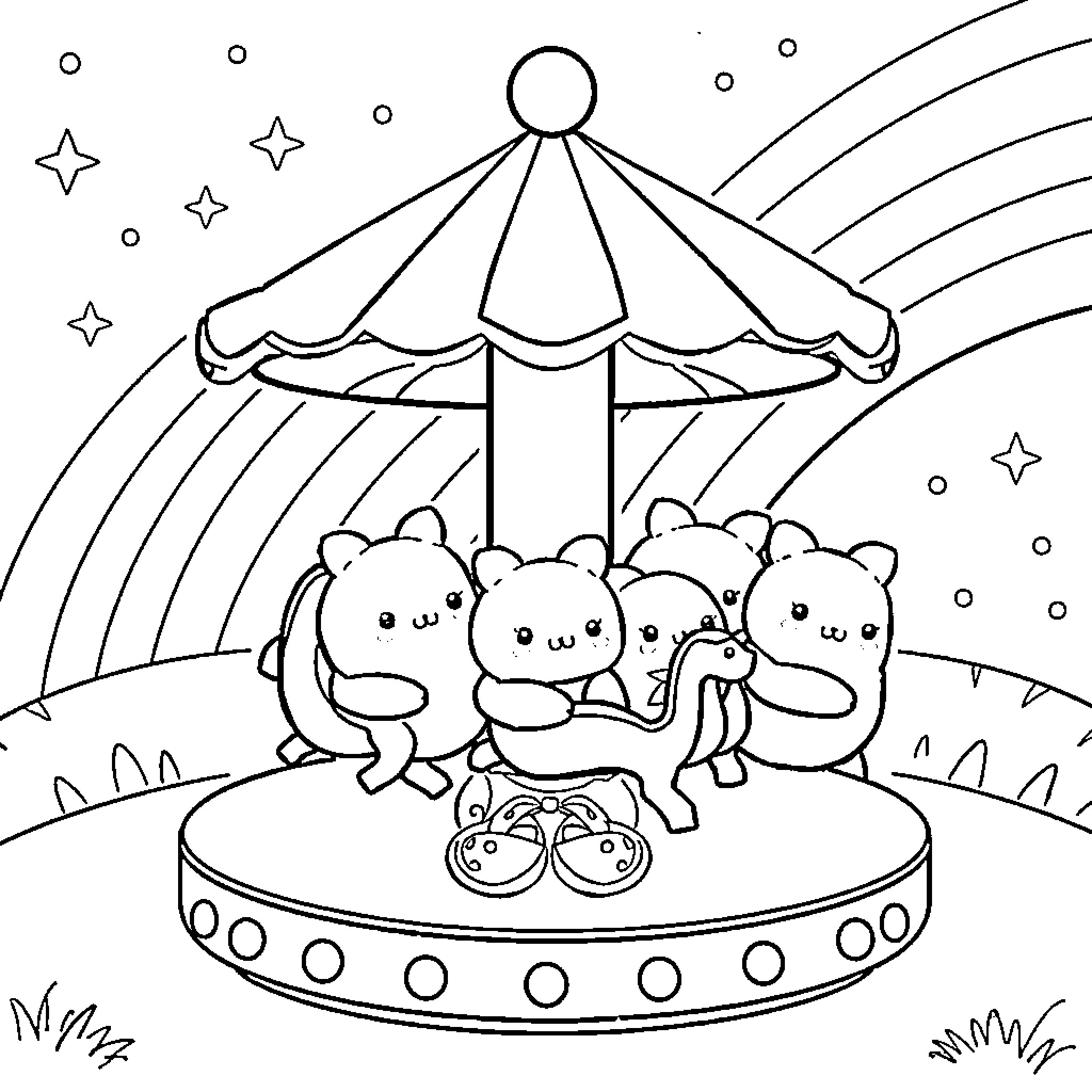 Squishmallow characters enjoying a carousel ride in the starry night Coloring Page (free black-and-white line drawing printable PDF for all, from beginners to advanced learners, including children, teens, adults, and seniors)