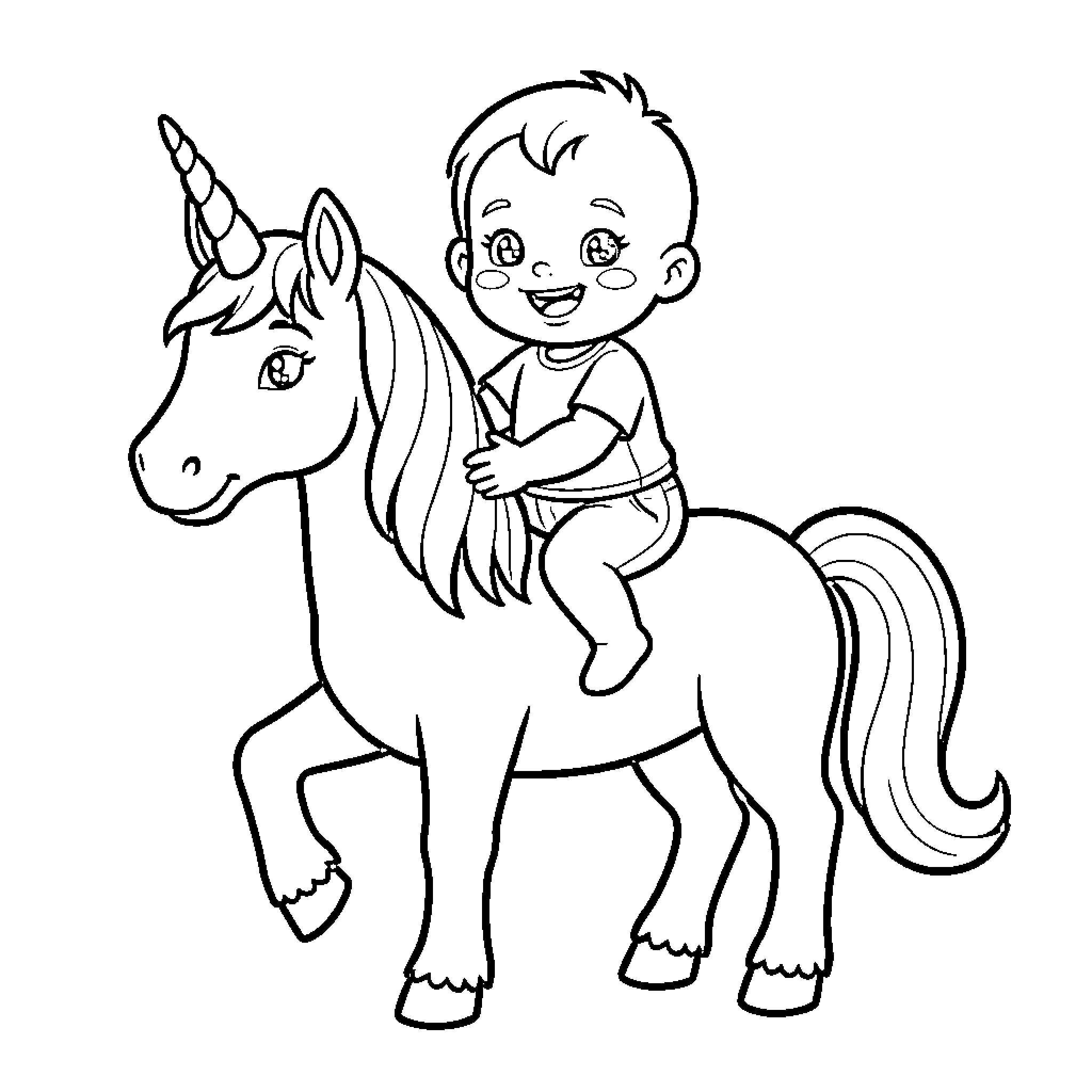 Bebe Louis happily riding a magical unicorn Coloring Page (free black-and-white line drawing printable PDF for all, from beginners to advanced learners, including children, teens, adults, and seniors)