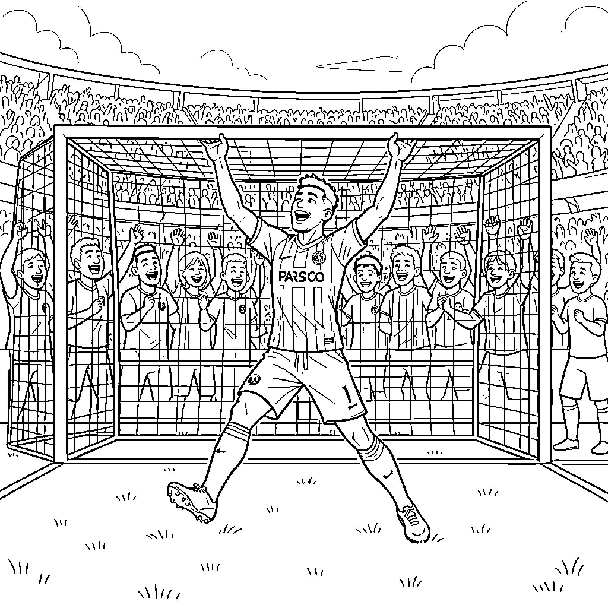 Footballeur celebrating a goal in front of the crowd Coloring Page (free black-and-white line drawing printable PDF for all, from beginners to advanced learners, including children, teens, adults, and seniors)