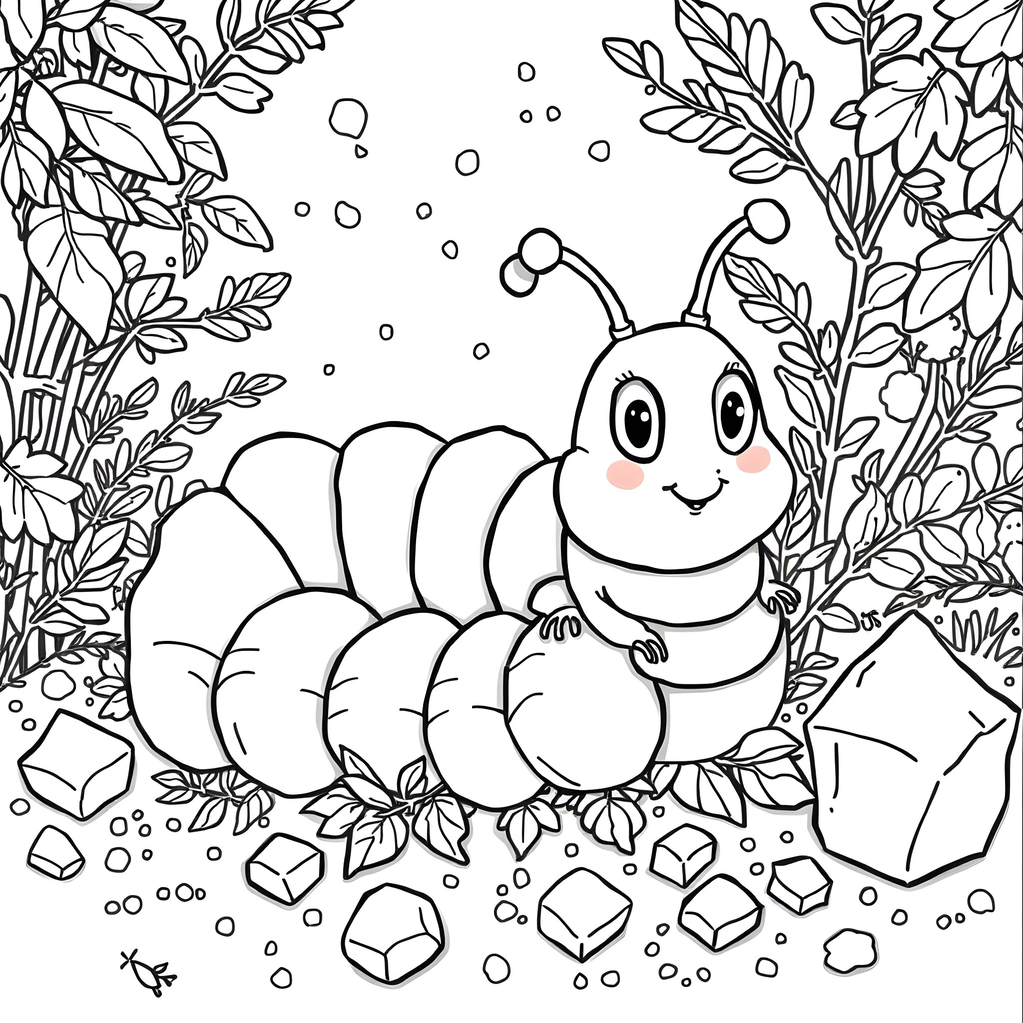 Caterpillar exploring the garden Coloring Page (free black-and-white line drawing printable PDF for all, from beginners to advanced learners, including children, teens, adults, and seniors)