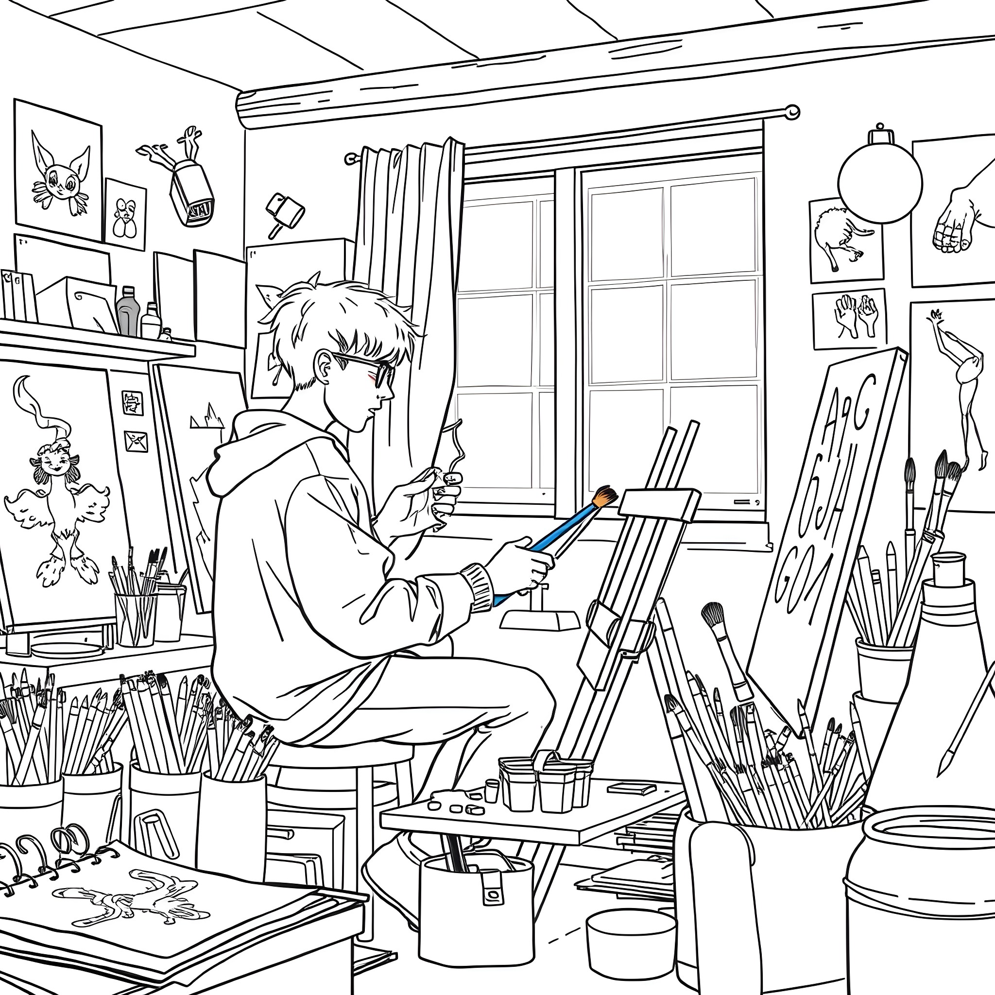 Teenager creating art in a cozy studio Coloring Page (free black-and-white line drawing printable PDF for all, from beginners to advanced learners, including children, teens, adults, and seniors)