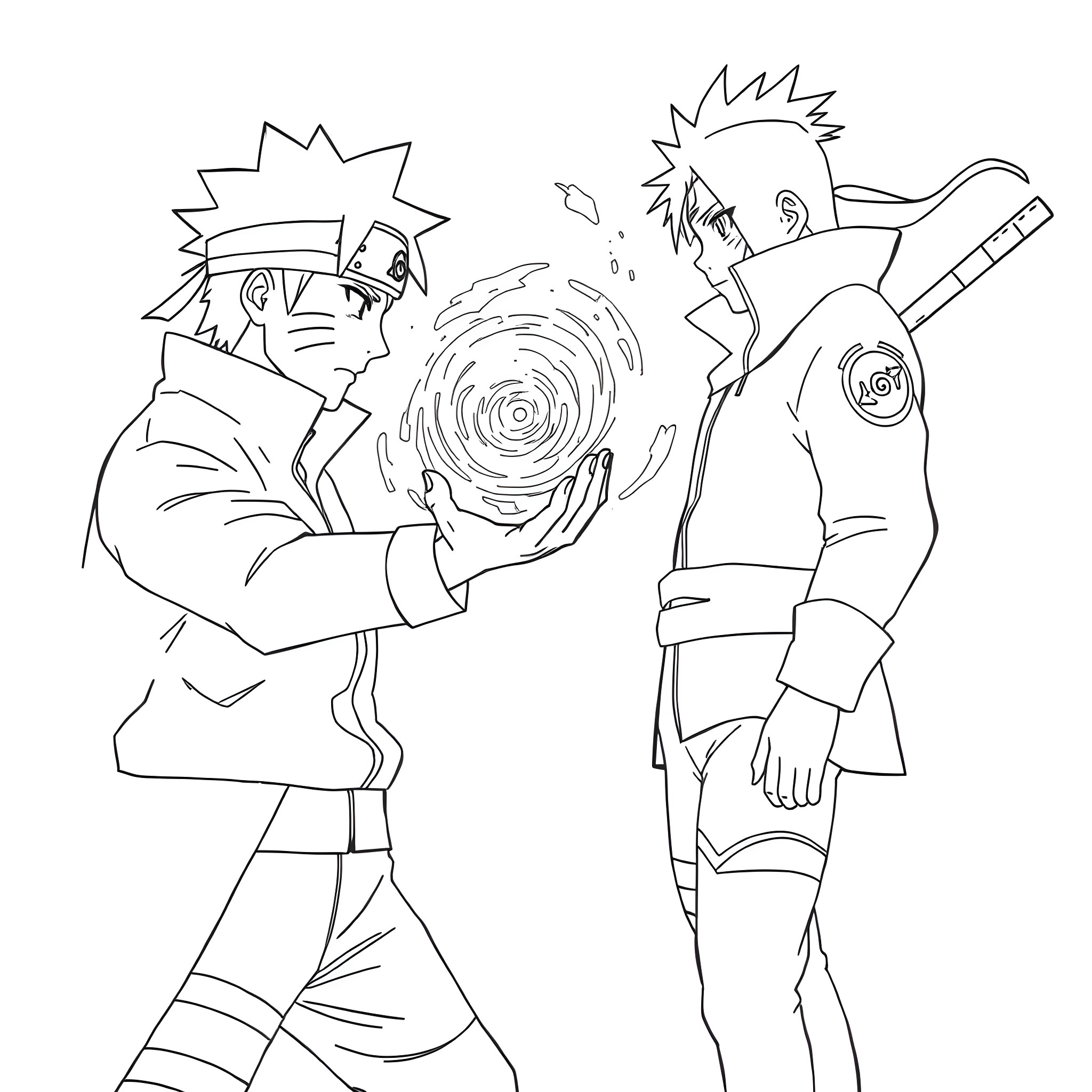 Naruto and Sasuke in an intense battle Coloring Page (free black-and-white line drawing printable PDF for all, from beginners to advanced learners, including children, teens, adults, and seniors)