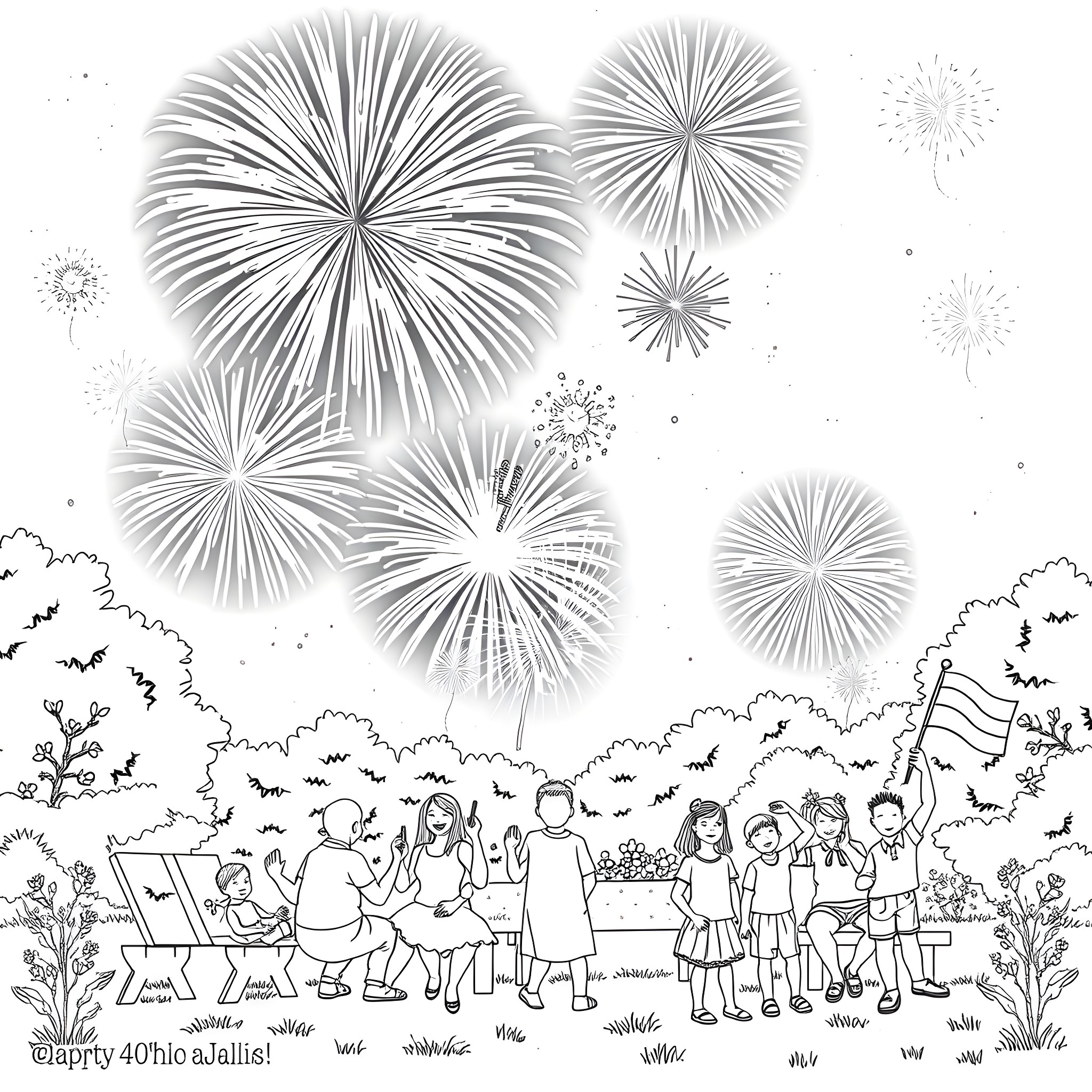 4th Of July Fireworks and Family Celebration Coloring Page (free black-and-white line drawing printable PDF for all, from beginners to advanced learners, including children, teens, adults, and seniors)