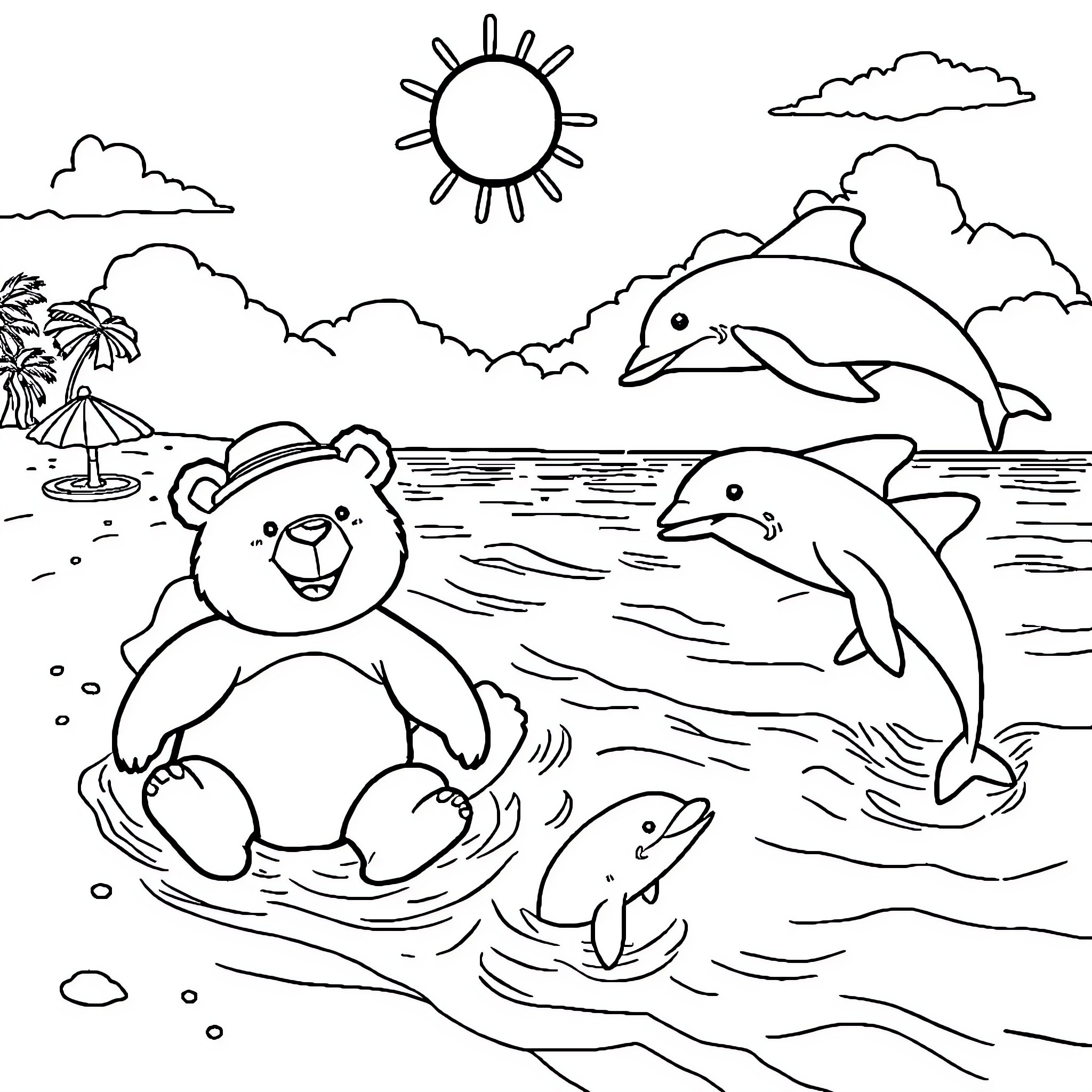 Bear playing with dolphins in the ocean Coloring Page (free black-and-white line drawing printable PDF for all, from beginners to advanced learners, including children, teens, adults, and seniors)