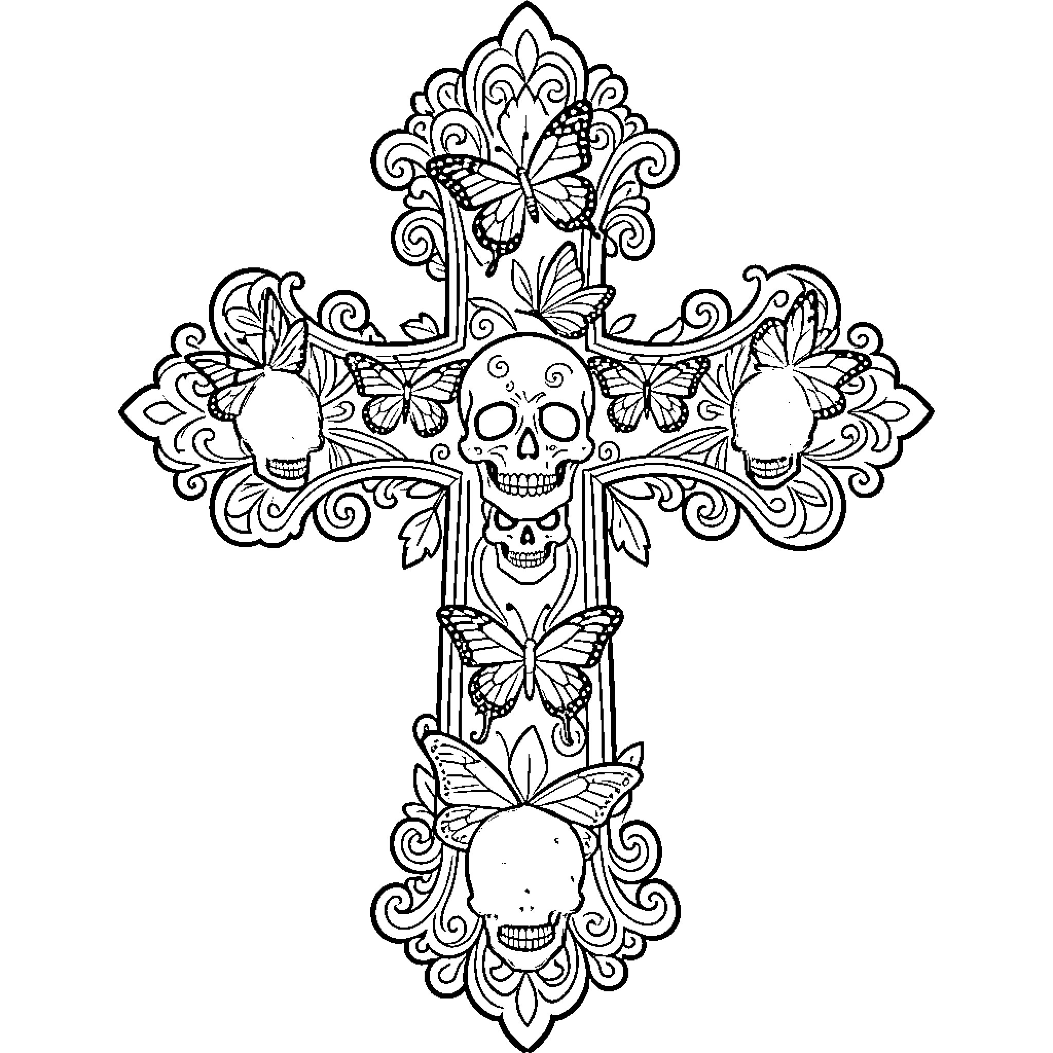 Cross with Skulls and Butterflies Coloring Page (free black-and-white line drawing printable PDF for all, from beginners to advanced learners, including children, teens, adults, and seniors)