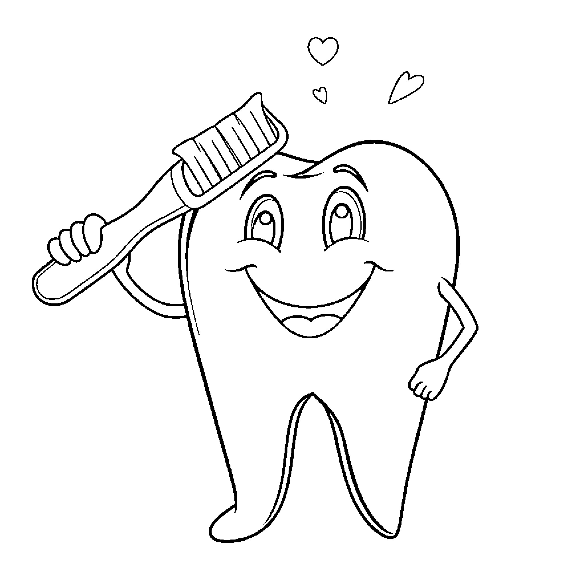 Tooth holding a toothbrush with heart shapes Coloring Page (free black-and-white line drawing printable PDF for all, from beginners to advanced learners, including children, teens, adults, and seniors)