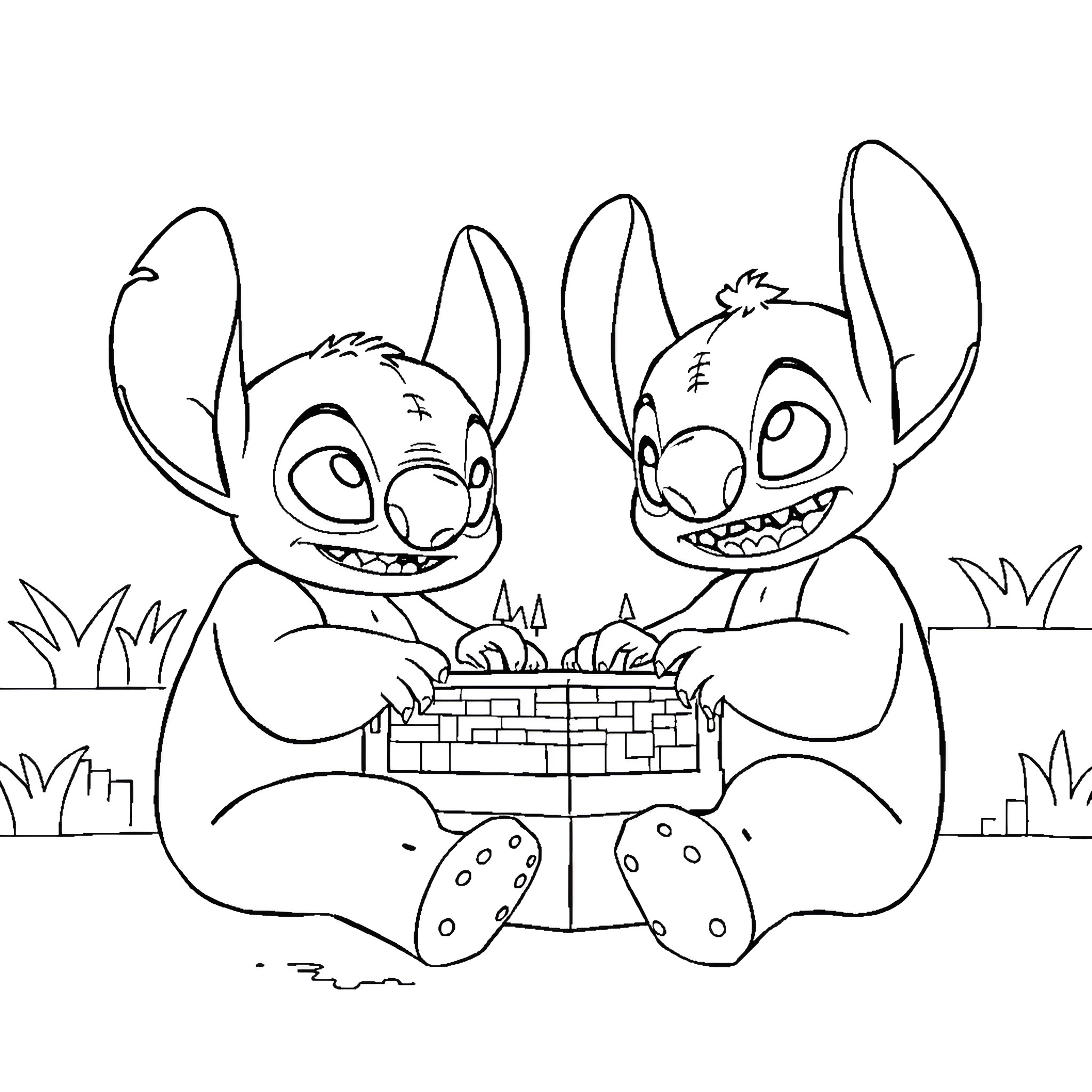 Bluey and Stitch playing with a toy basket Coloring Page (free black-and-white line drawing printable PDF for all, from beginners to advanced learners, including children, teens, adults, and seniors)