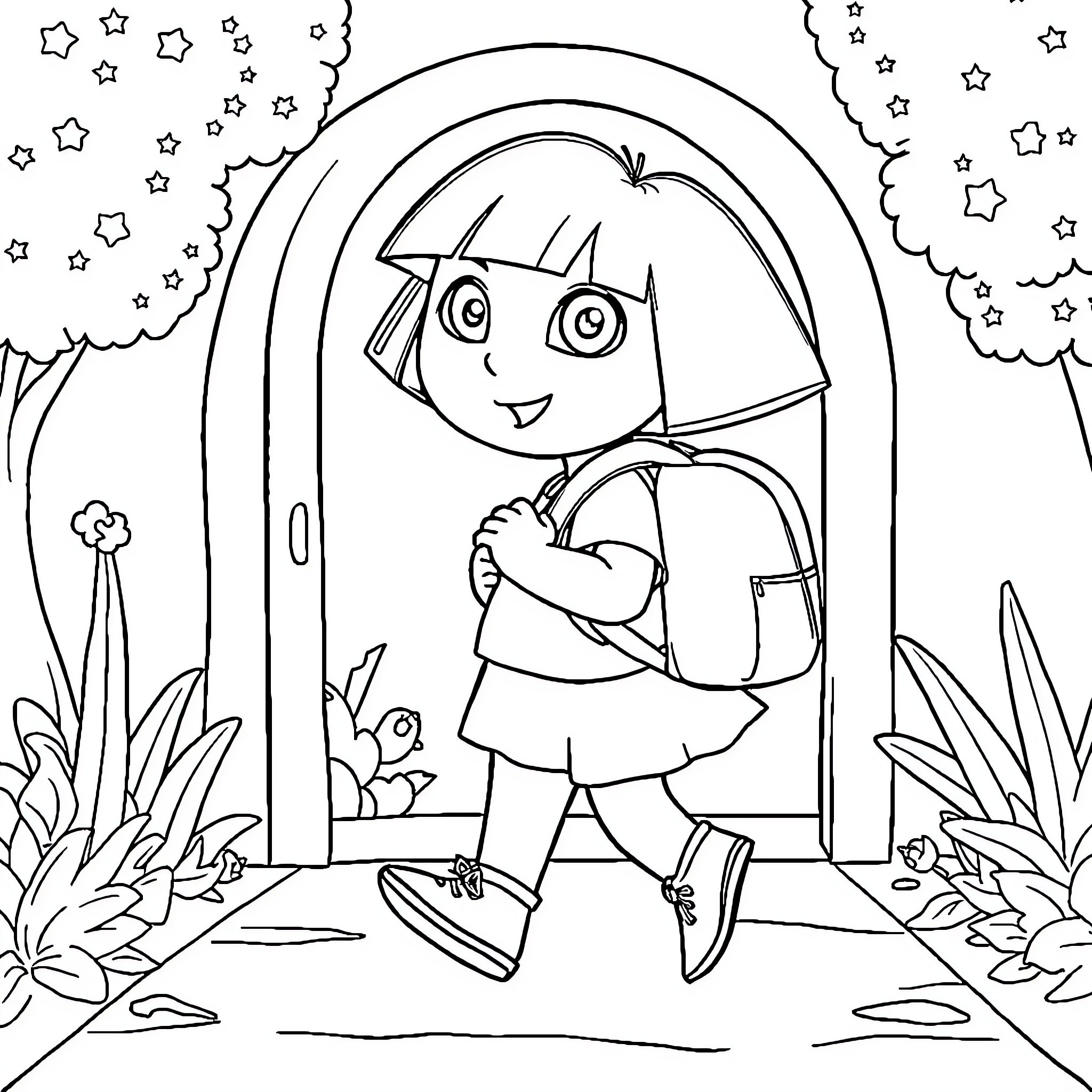 Dora explores the magical night Coloring Page (free black-and-white line drawing printable PDF for all, from beginners to advanced learners, including children, teens, adults, and seniors)