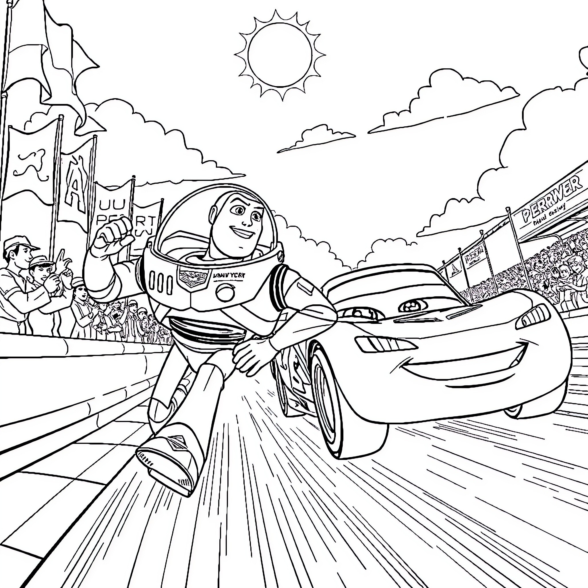 Buzz Lightyear racing with Cars character on track Coloring Page (free black-and-white line drawing printable PDF for all, from beginners to advanced learners, including children, teens, adults, and seniors)