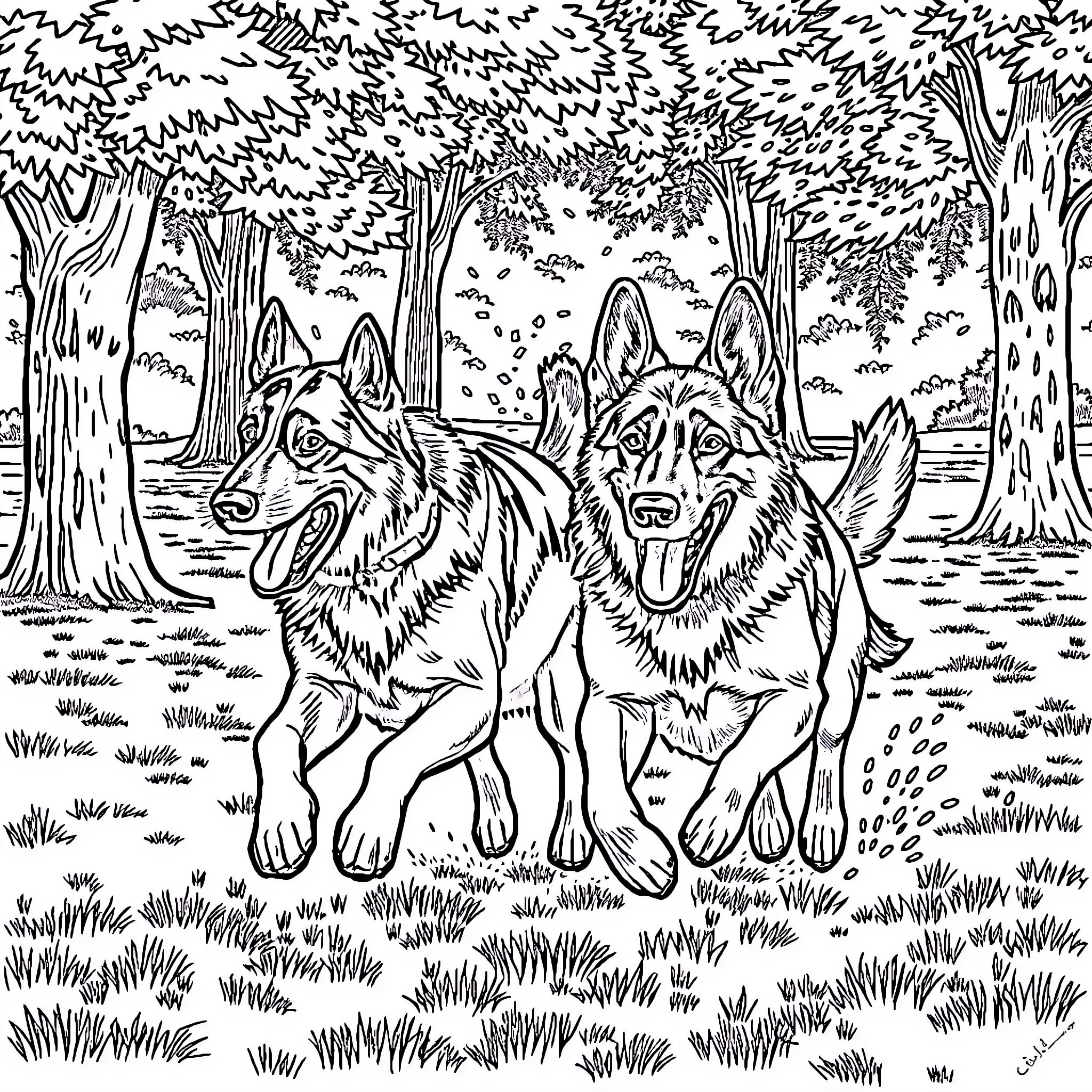 German Shepherd dogs exploring the forest Coloring Page (free black-and-white line drawing printable PDF for all, from beginners to advanced learners, including children, teens, adults, and seniors)