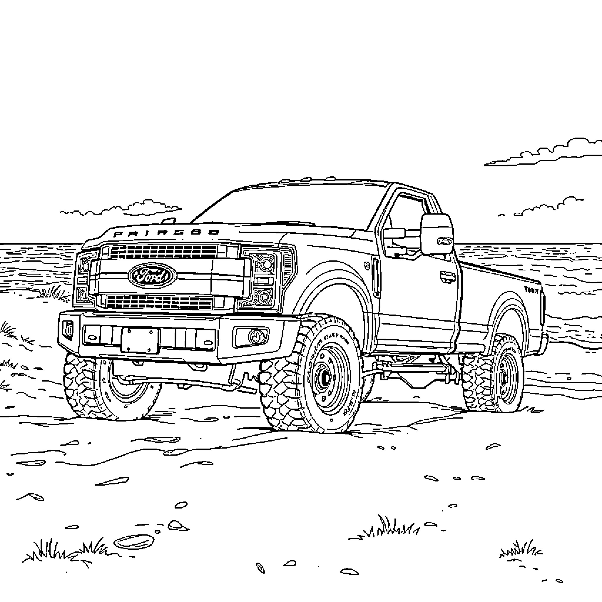 Ford Truck Navigating Rugged Terrain Coloring Page (free black-and-white line drawing printable PDF for all, from beginners to advanced learners, including children, teens, adults, and seniors)
