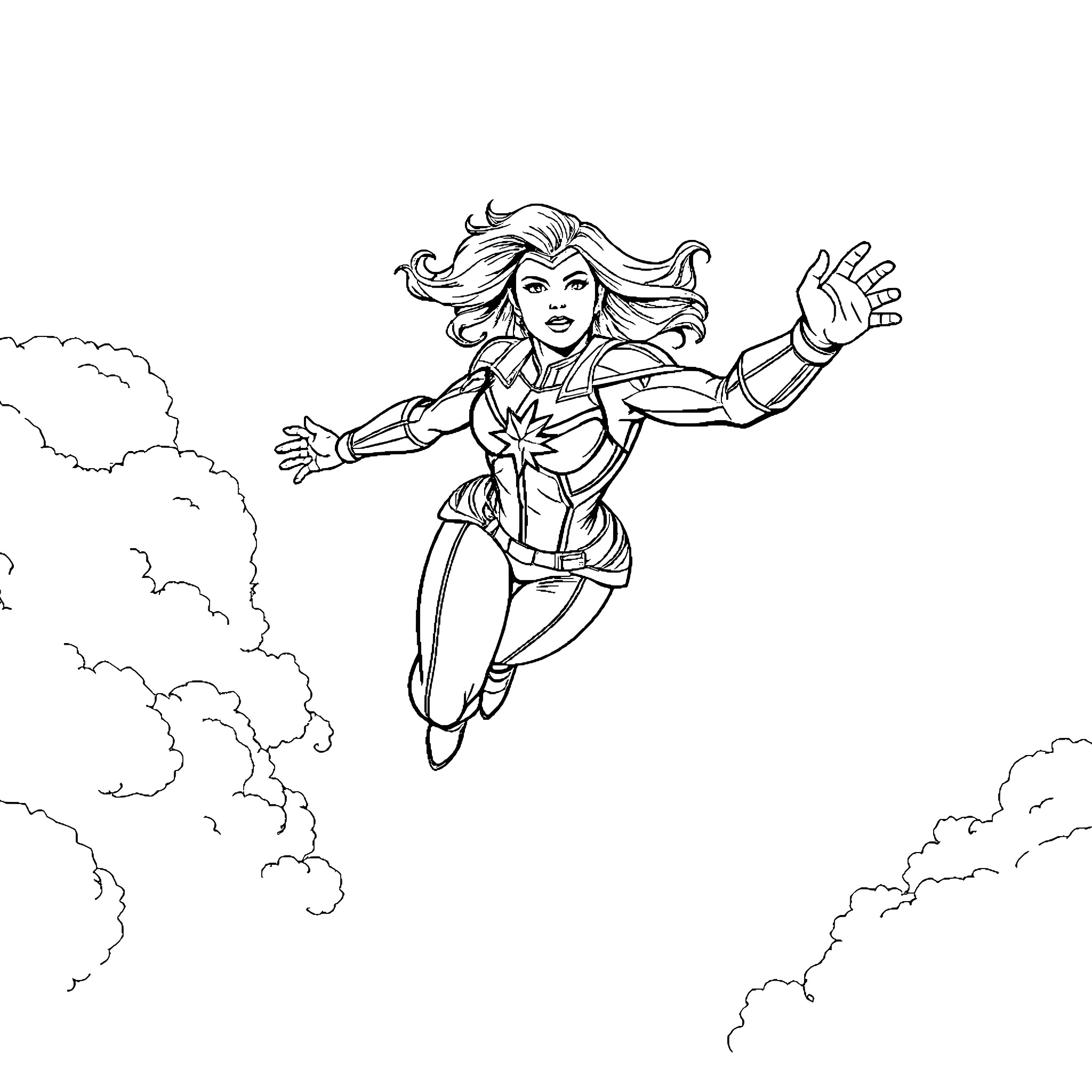 Captain Marvel taking flight in heroic pose Coloring Page (free black-and-white line drawing printable PDF for all, from beginners to advanced learners, including children, teens, adults, and seniors)