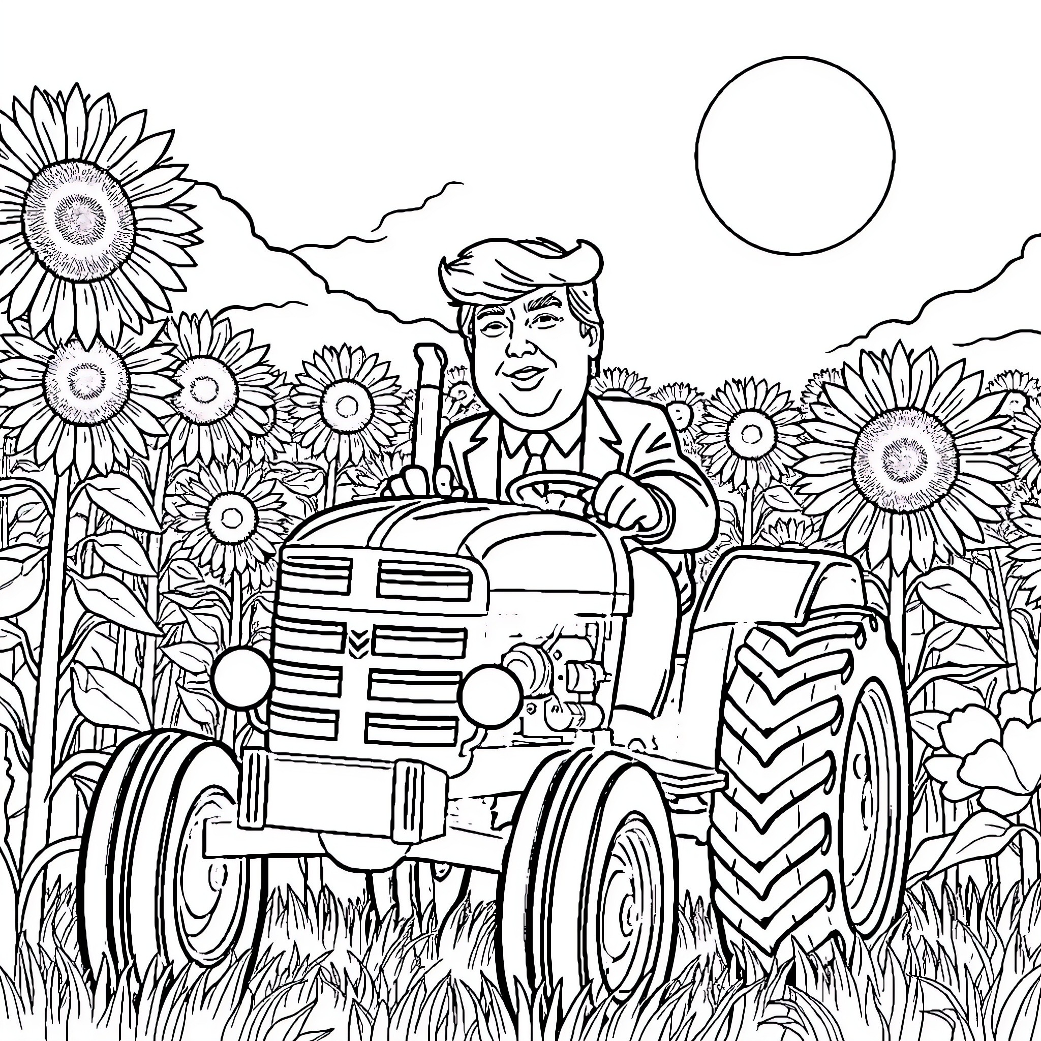 Donald Trump driving a tractor in a sunflower field Coloring Page (free black-and-white line drawing printable PDF for all, from beginners to advanced learners, including children, teens, adults, and seniors)