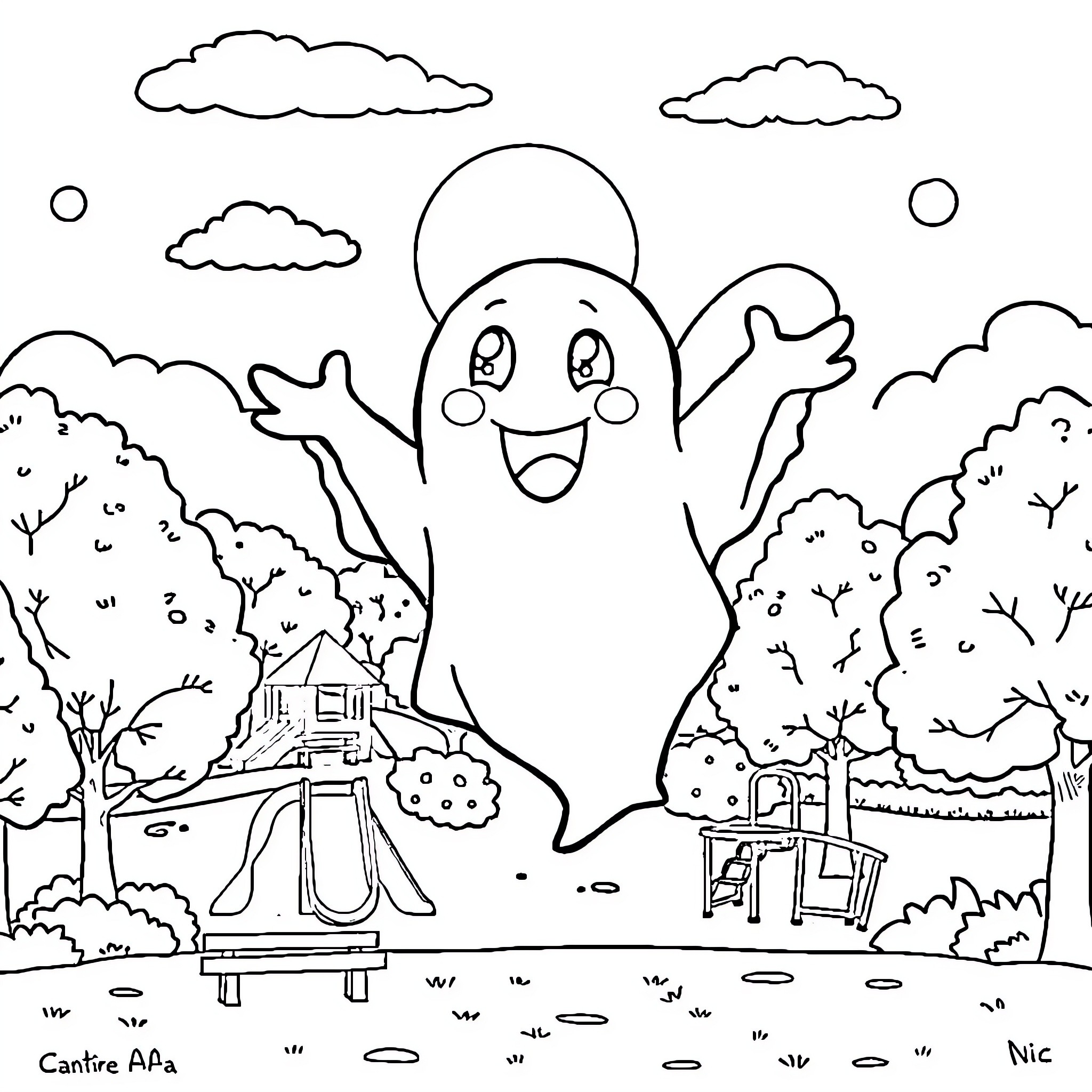 Ghost Celebrating in Spooky Outdoor Landscape Coloring Page (free black-and-white line drawing printable PDF for all, from beginners to advanced learners, including children, teens, adults, and seniors)