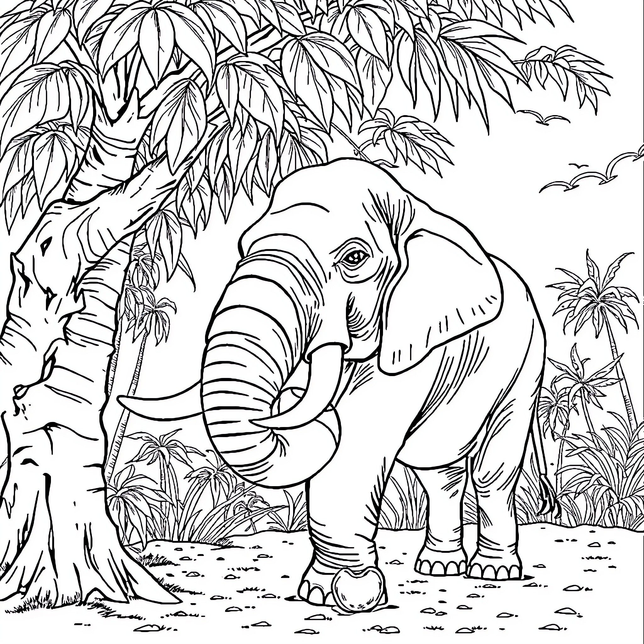 Elephant in Lush Jungle Landscape Coloring Page (free black-and-white line drawing printable PDF for all, from beginners to advanced learners, including children, teens, adults, and seniors)