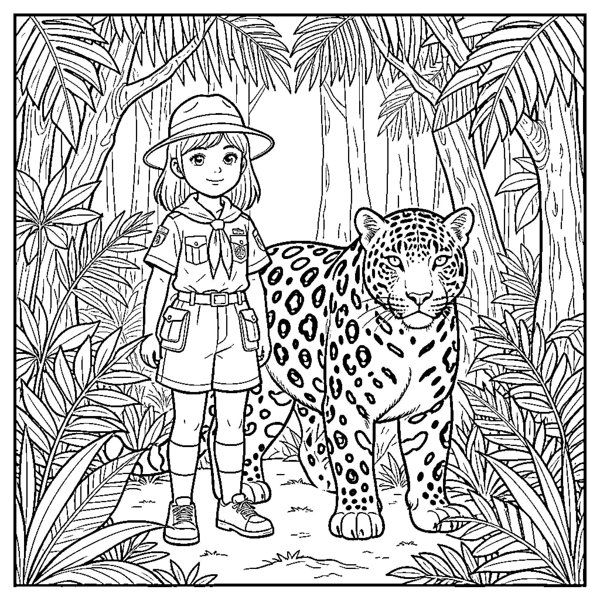 Scout Girl standing bravely beside a spotted leopard Coloring Page (free black-and-white line drawing printable PDF for all, from beginners to advanced learners, including children, teens, adults, and seniors)