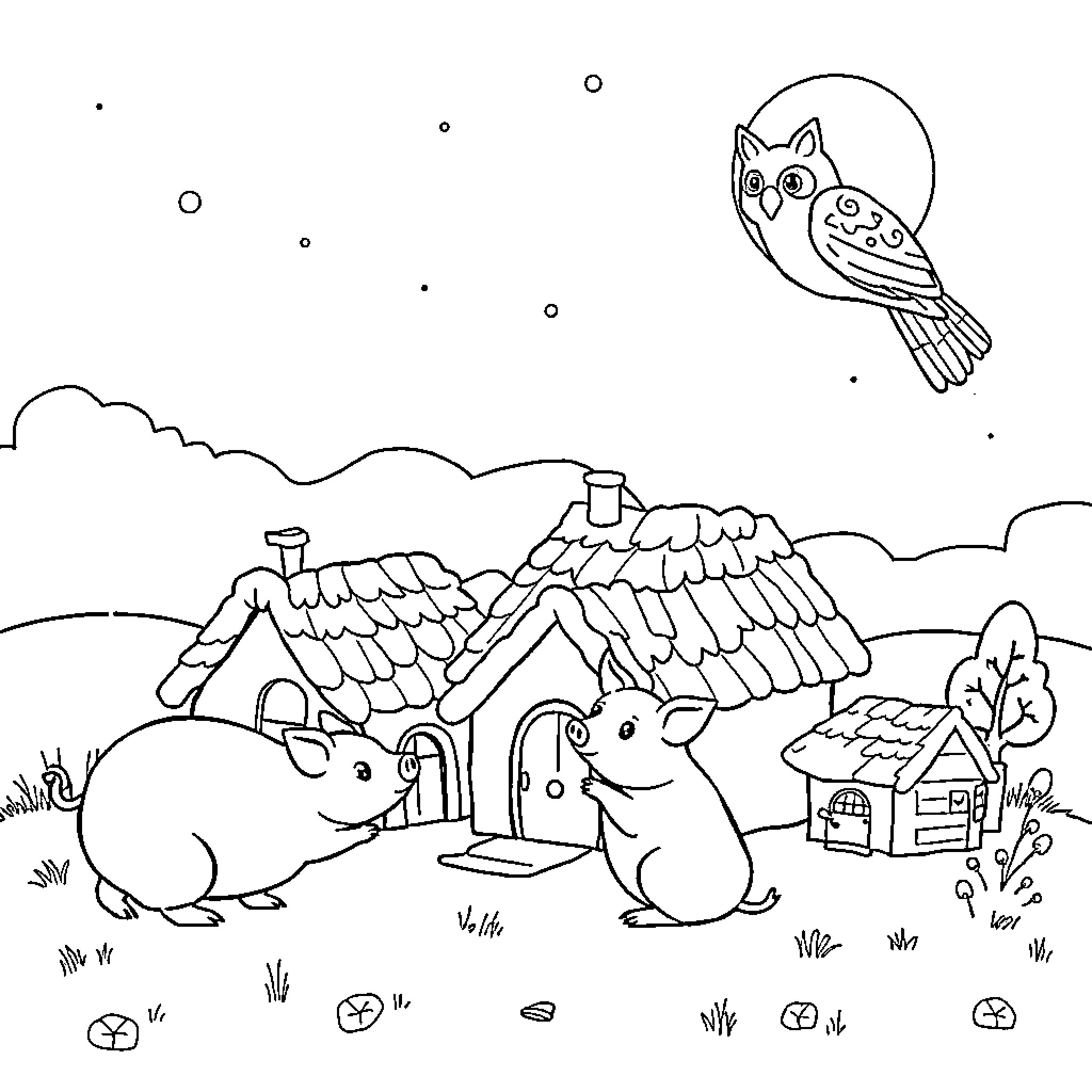 Three Little Pigs Build Cozy Homes in the Countryside Coloring Page (free black-and-white line drawing printable PDF for all, from beginners to advanced learners, including children, teens, adults, and seniors)