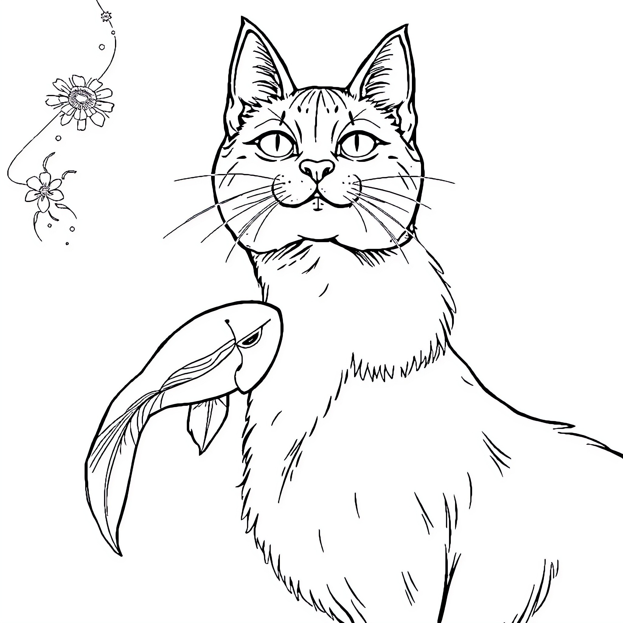 Cat with long fur and flowers Coloring Page (free black-and-white line drawing printable PDF for all, from beginners to advanced learners, including children, teens, adults, and seniors)