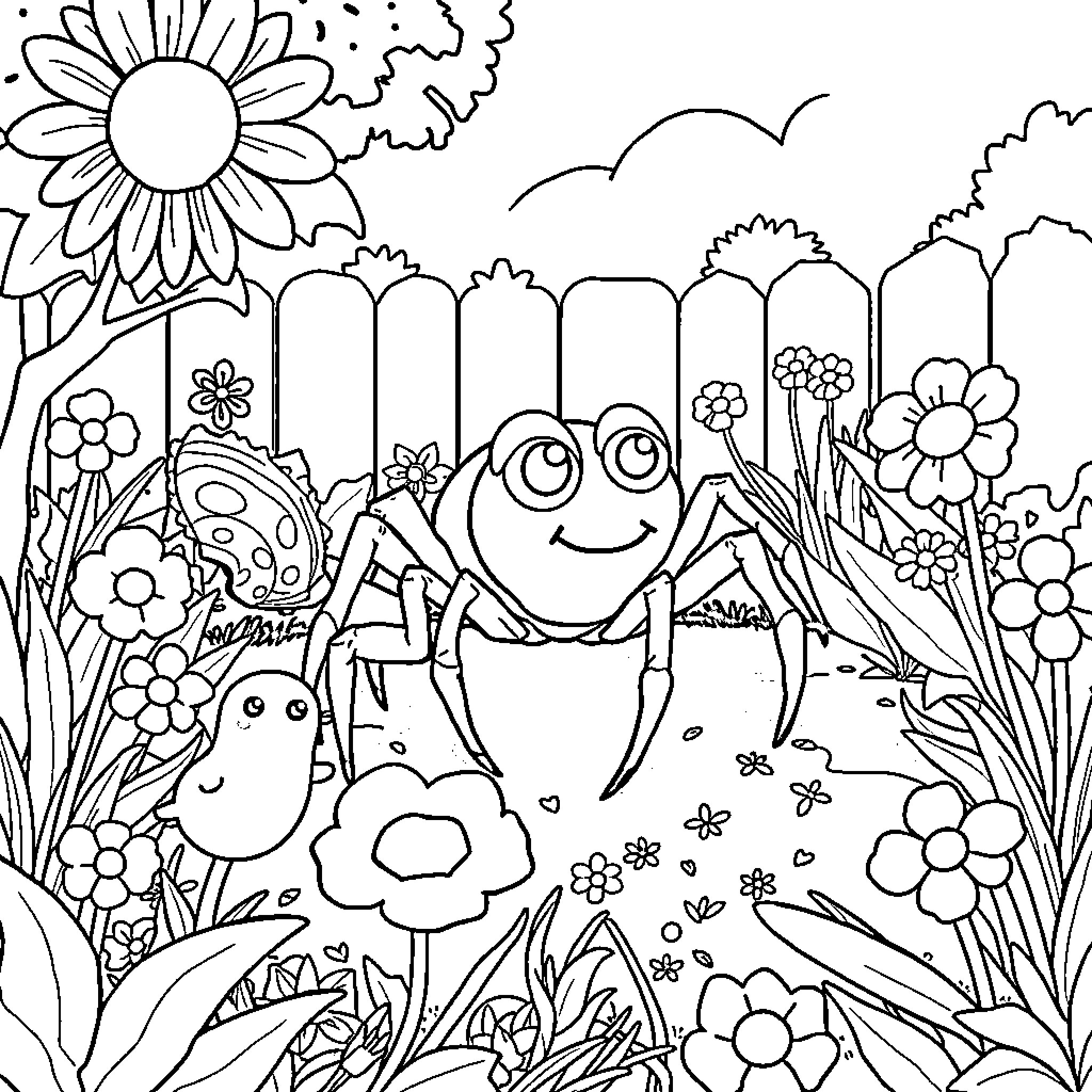 Spider enjoying a sunny day in the garden Coloring Page (free black-and-white line drawing printable PDF for all, from beginners to advanced learners, including children, teens, adults, and seniors)