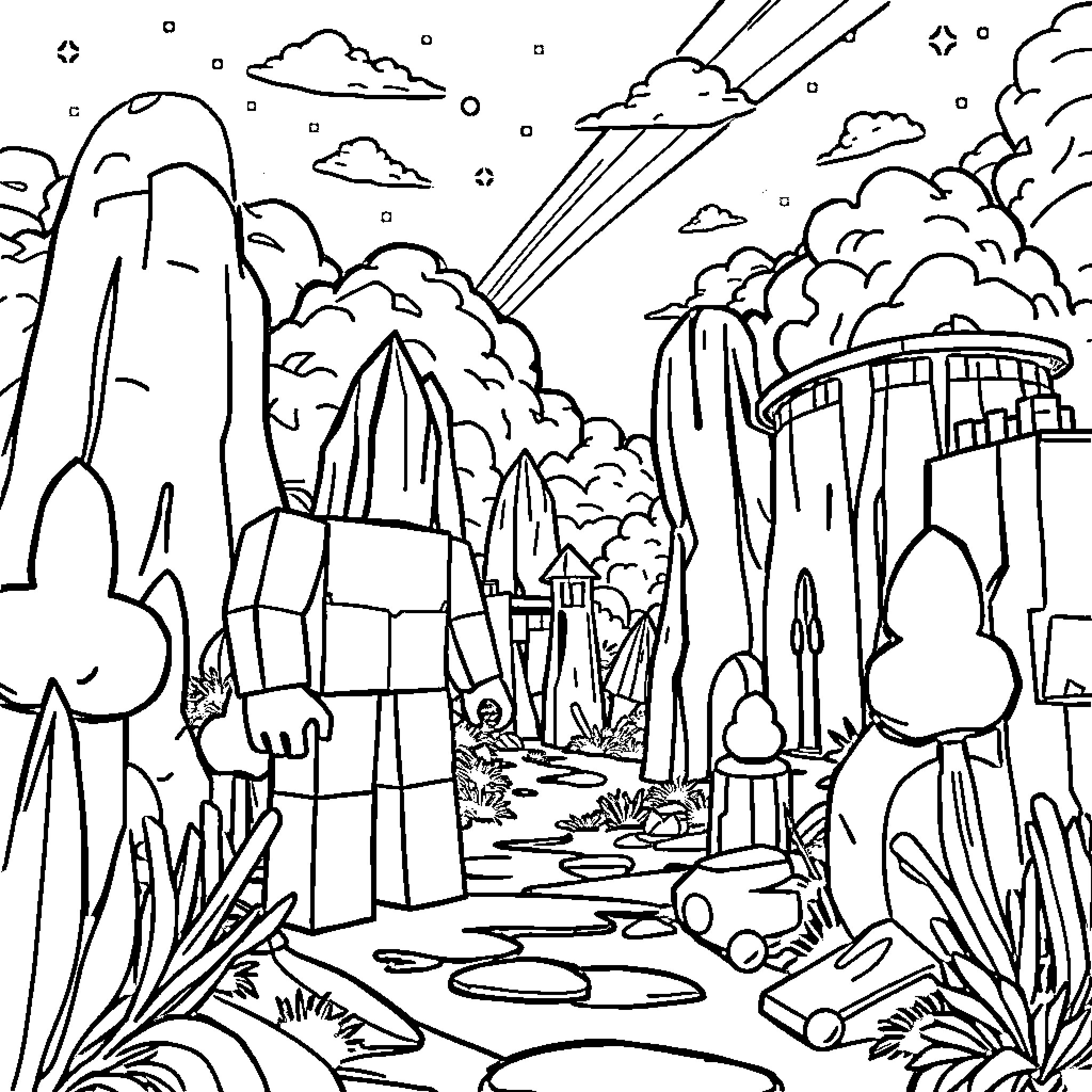 Roblox Fantastical Landscape with Castles and Waterfalls Coloring Page (free black-and-white line drawing printable PDF for all, from beginners to advanced learners, including children, teens, adults, and seniors)