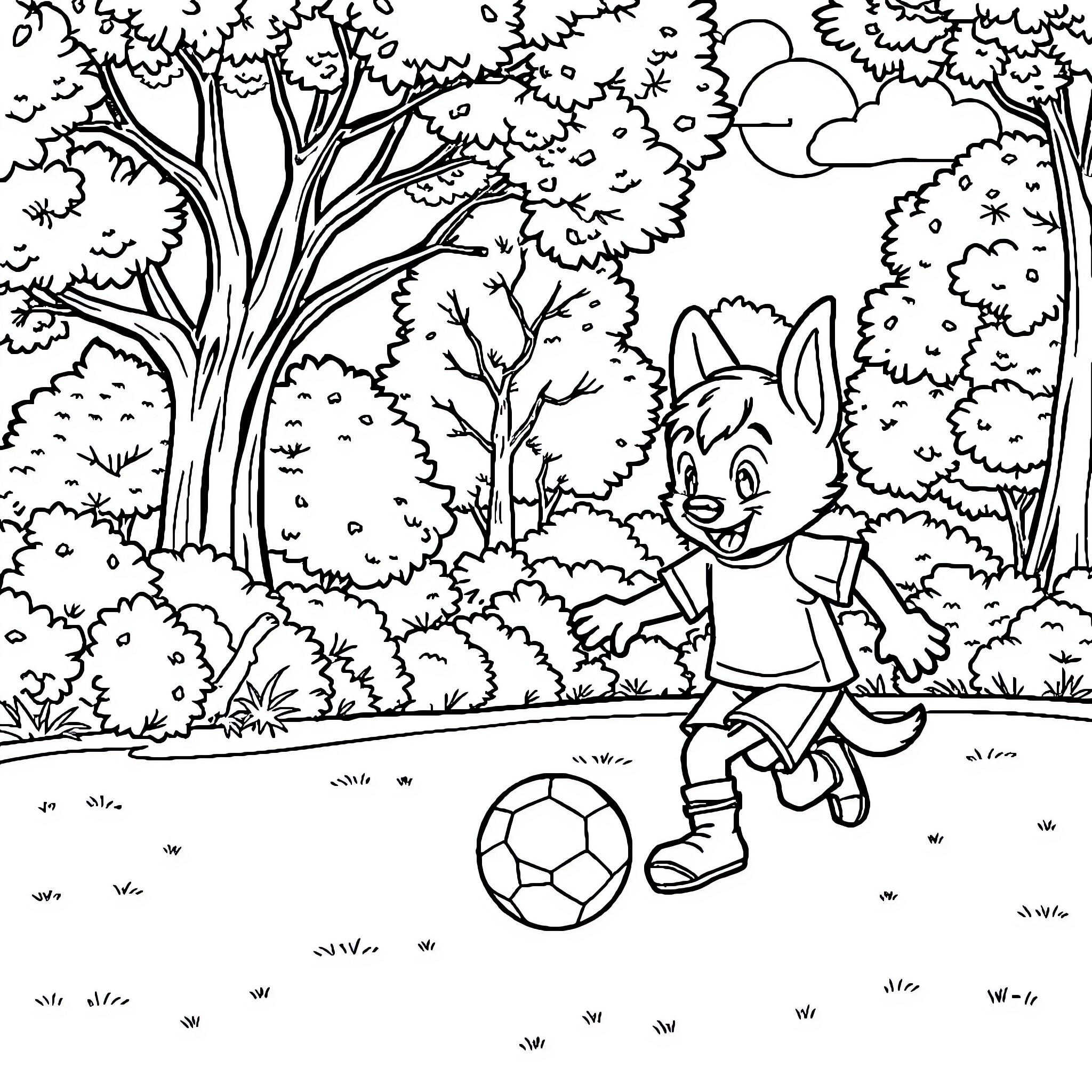 Bingo - Cartoon character playing with soccer ball in the forest Coloring Page (free black-and-white line drawing printable PDF for all, from beginners to advanced learners, including children, teens, adults, and seniors)