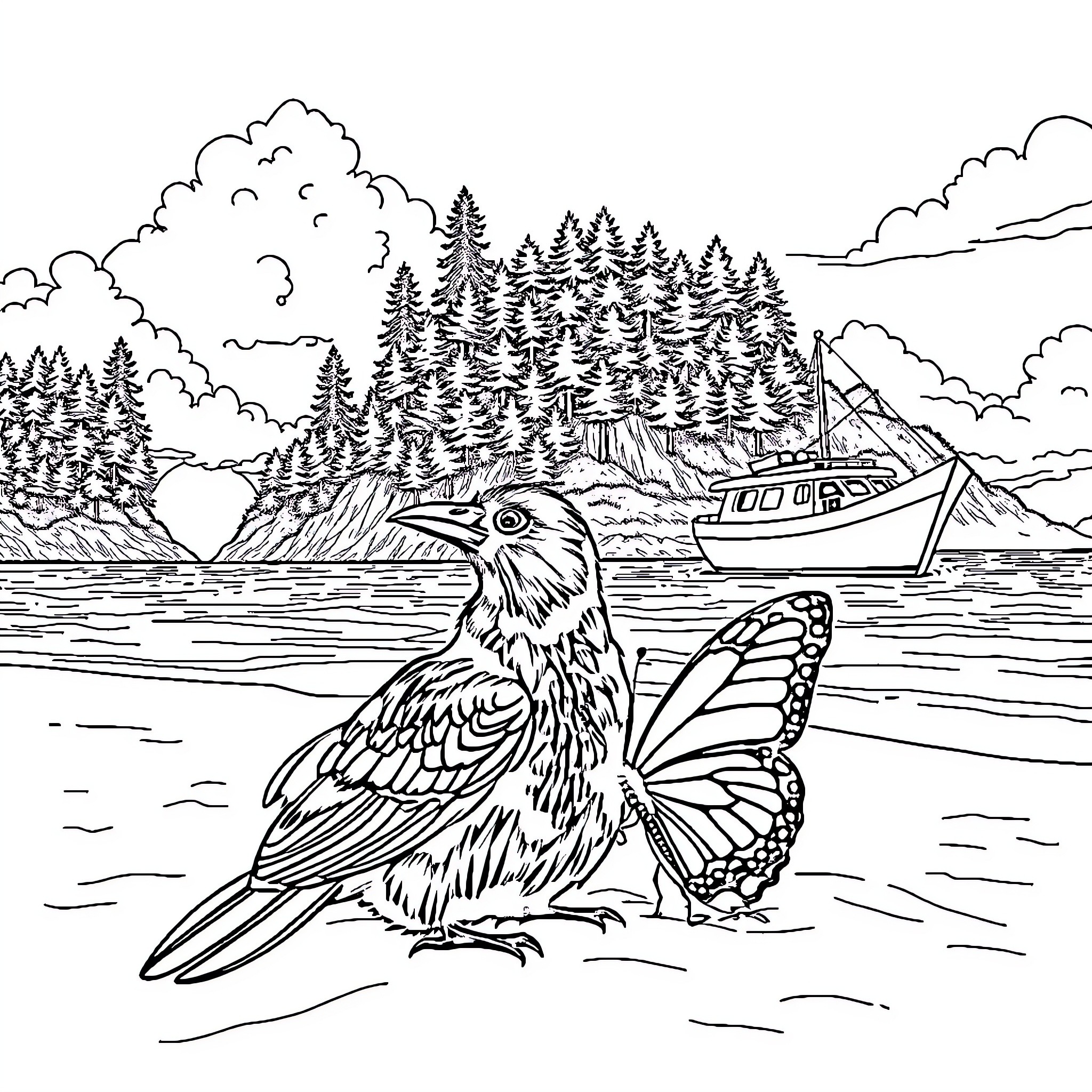 Raven by the Scenic Coastline Coloring Page (free black-and-white line drawing printable PDF for all, from beginners to advanced learners, including children, teens, adults, and seniors)