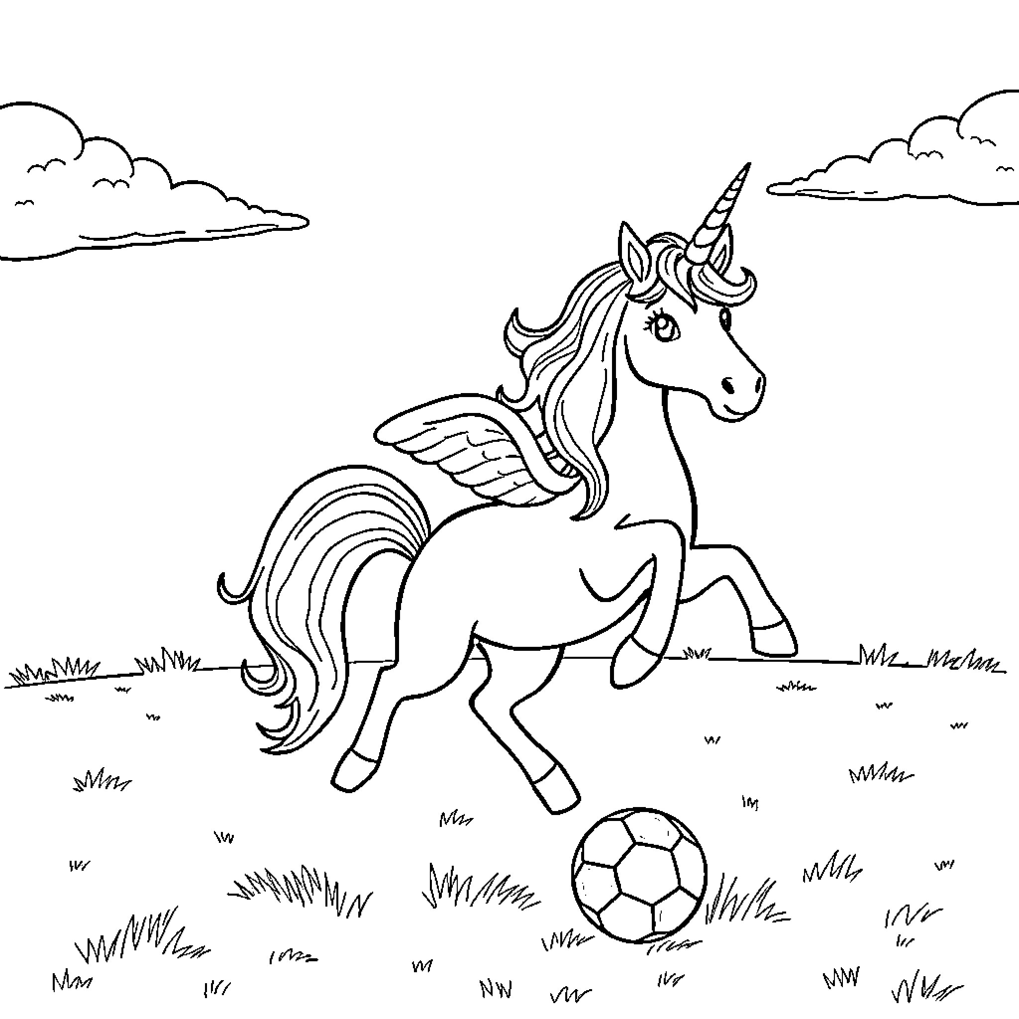 Unicorn playing with soccer ball in a field Coloring Page (free black-and-white line drawing printable PDF for all, from beginners to advanced learners, including children, teens, adults, and seniors)