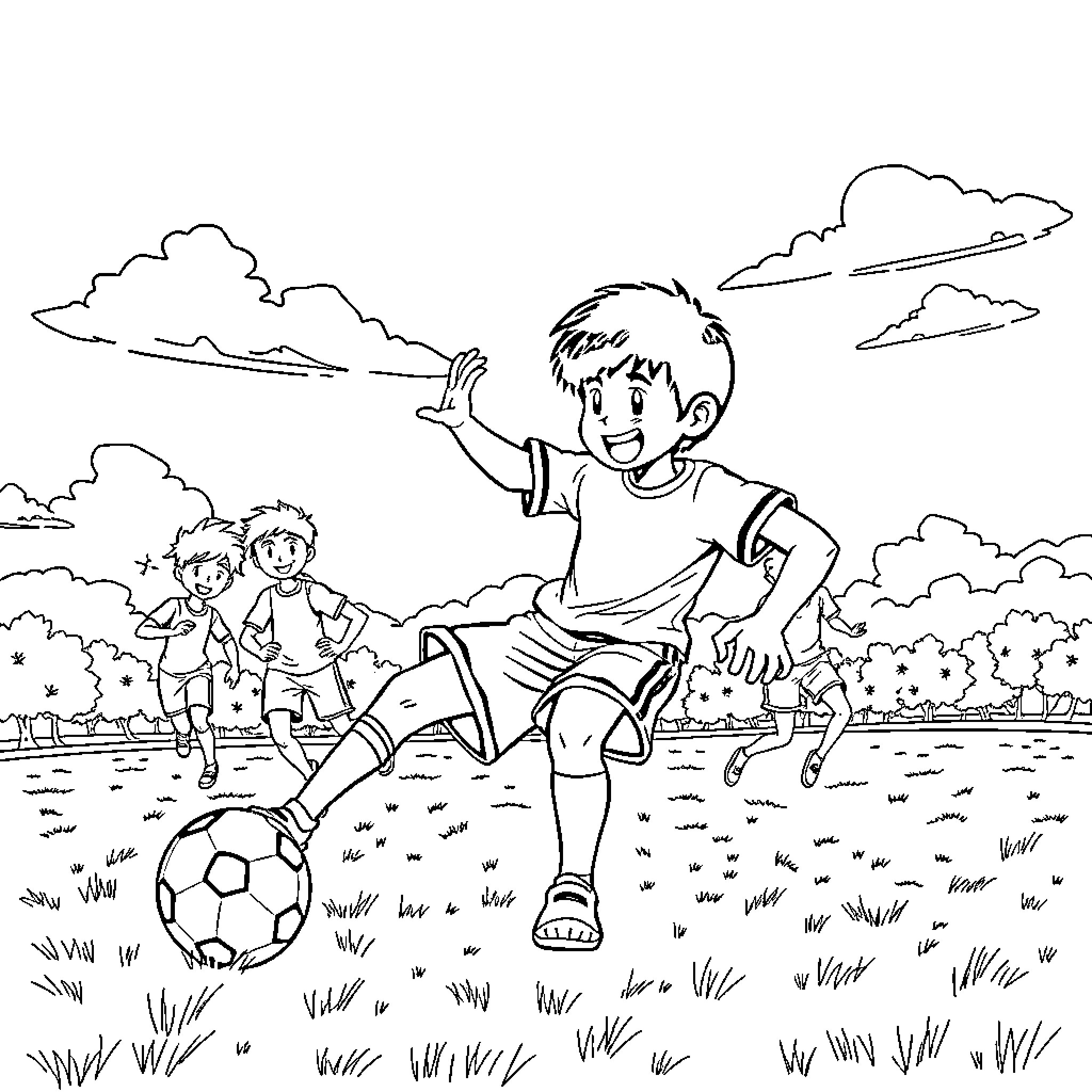 Rock Lee playing soccer with friends in the park Coloring Page (free black-and-white line drawing printable PDF for all, from beginners to advanced learners, including children, teens, adults, and seniors)