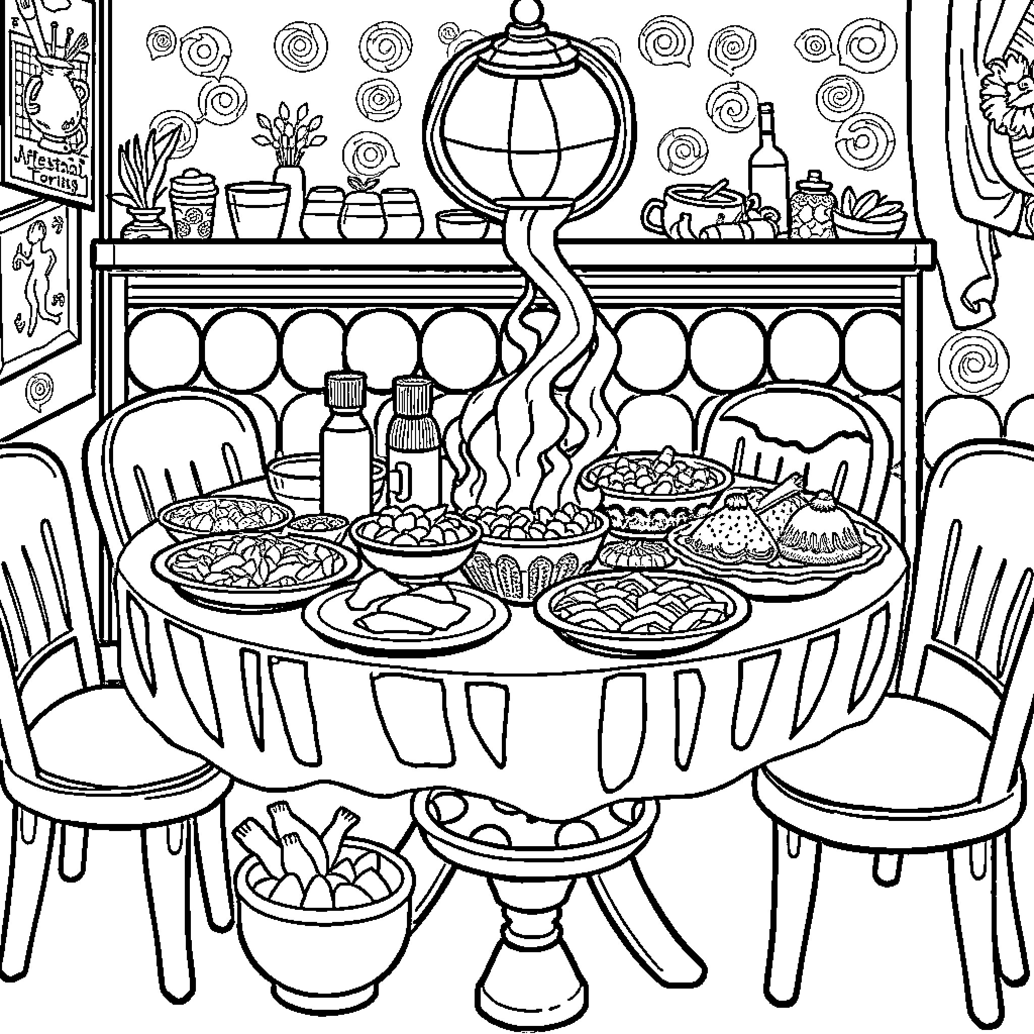 Food Artfully Presented at a Dining Table Coloring Page (free black-and-white line drawing printable PDF for all, from beginners to advanced learners, including children, teens, adults, and seniors)
