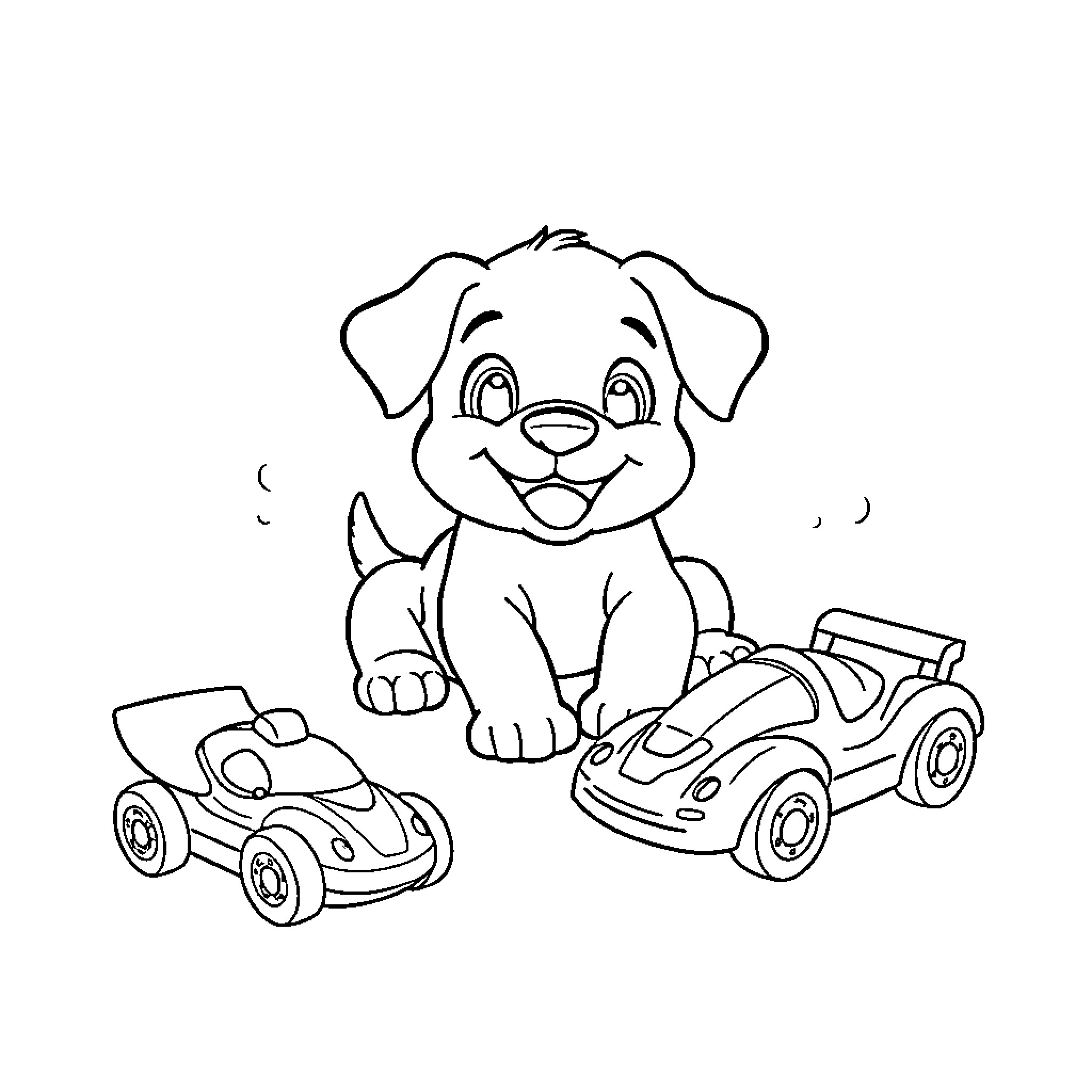 Bluey playing with toy cars Coloring Page (free black-and-white line drawing printable PDF for all, from beginners to advanced learners, including children, teens, adults, and seniors)
