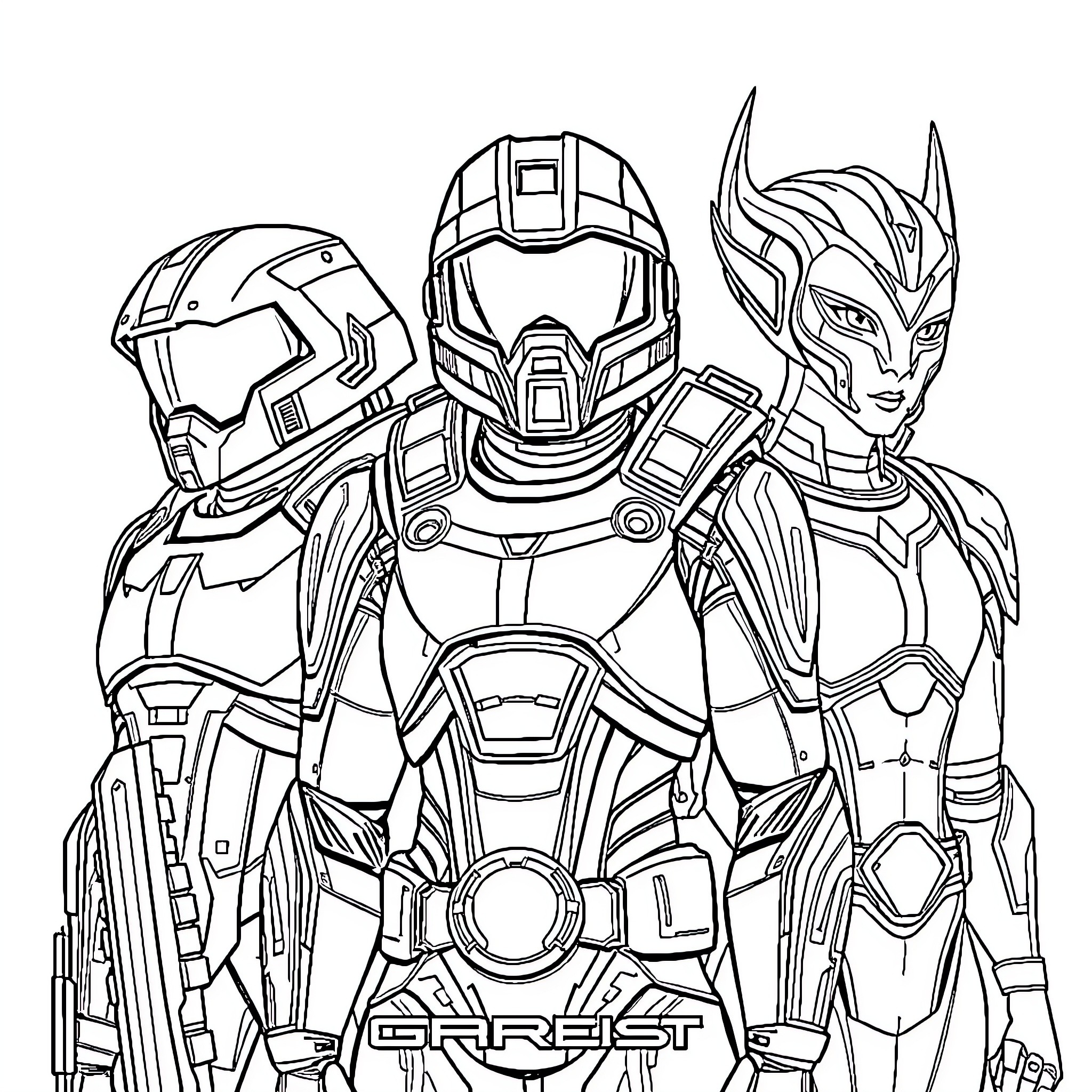 Mass Effect Futuristic Sci-Fi Soldiers in Armor Coloring Page (free black-and-white line drawing printable PDF for all, from beginners to advanced learners, including children, teens, adults, and seniors)