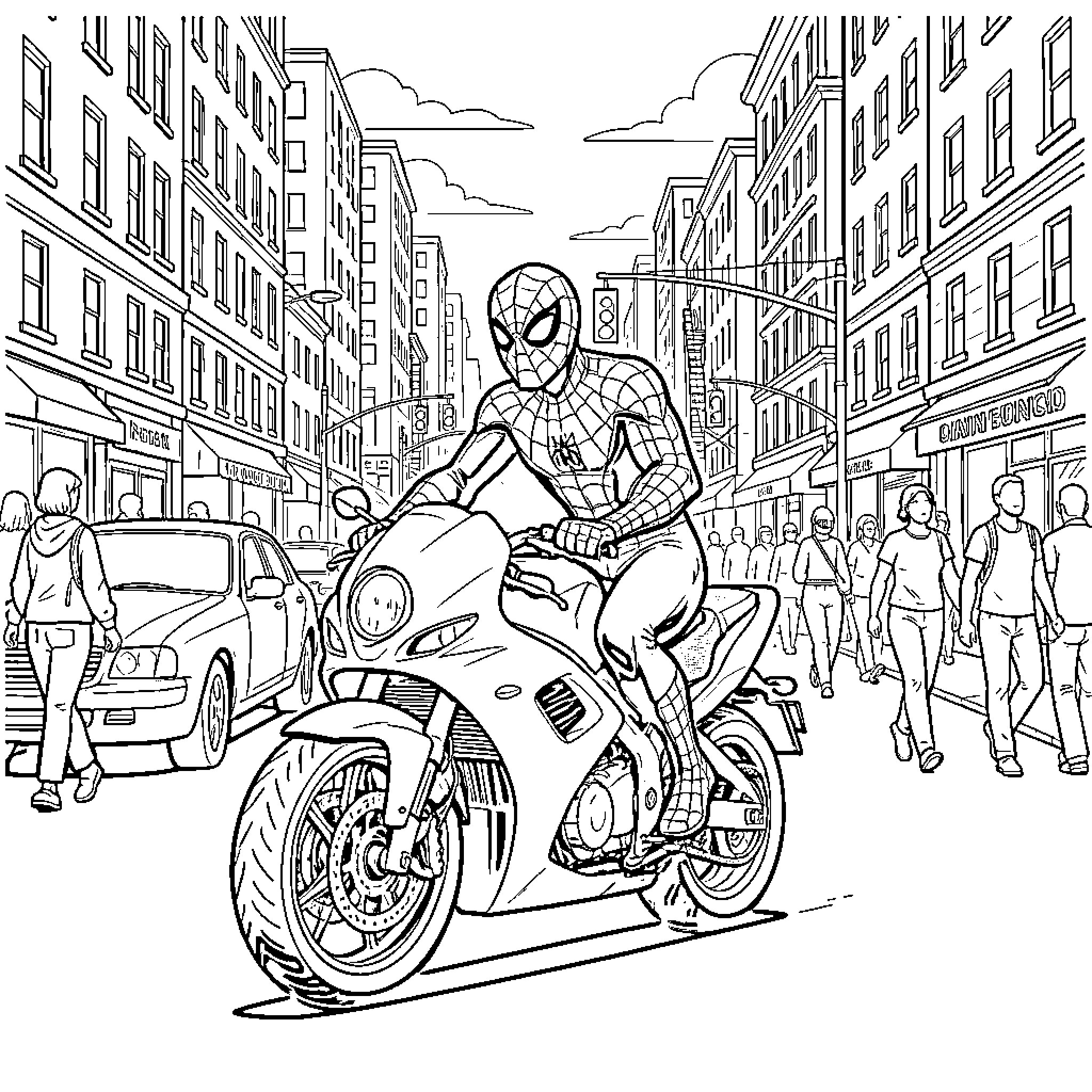Spidey riding a motorcycle through a busy city street Coloring Page (free black-and-white line drawing printable PDF for all, from beginners to advanced learners, including children, teens, adults, and seniors)