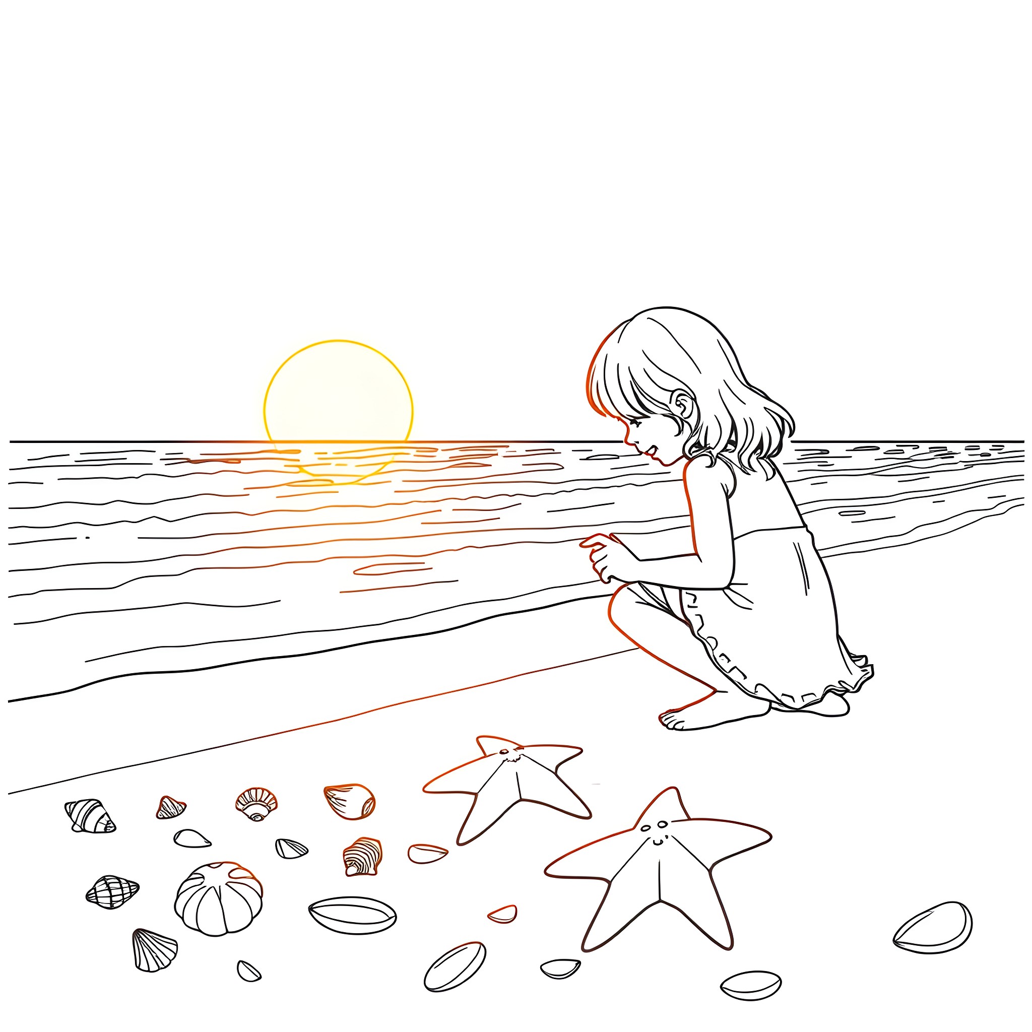 Girl admiring sea shells on the beach at sunset Coloring Page (free black-and-white line drawing printable PDF for all, from beginners to advanced learners, including children, teens, adults, and seniors)