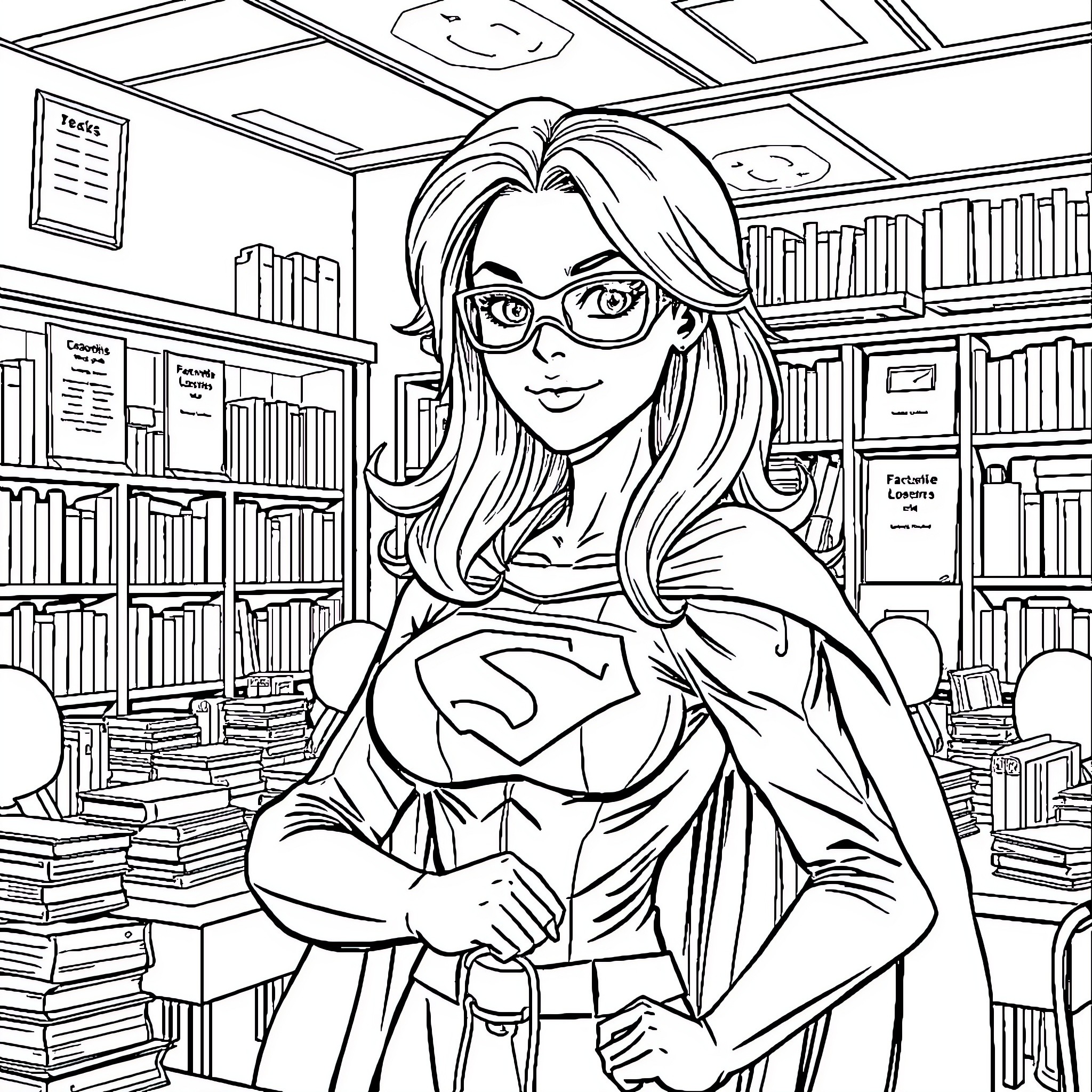 Maîtresse of Justice in the Library Coloring Page (free black-and-white line drawing printable PDF for all, from beginners to advanced learners, including children, teens, adults, and seniors)
