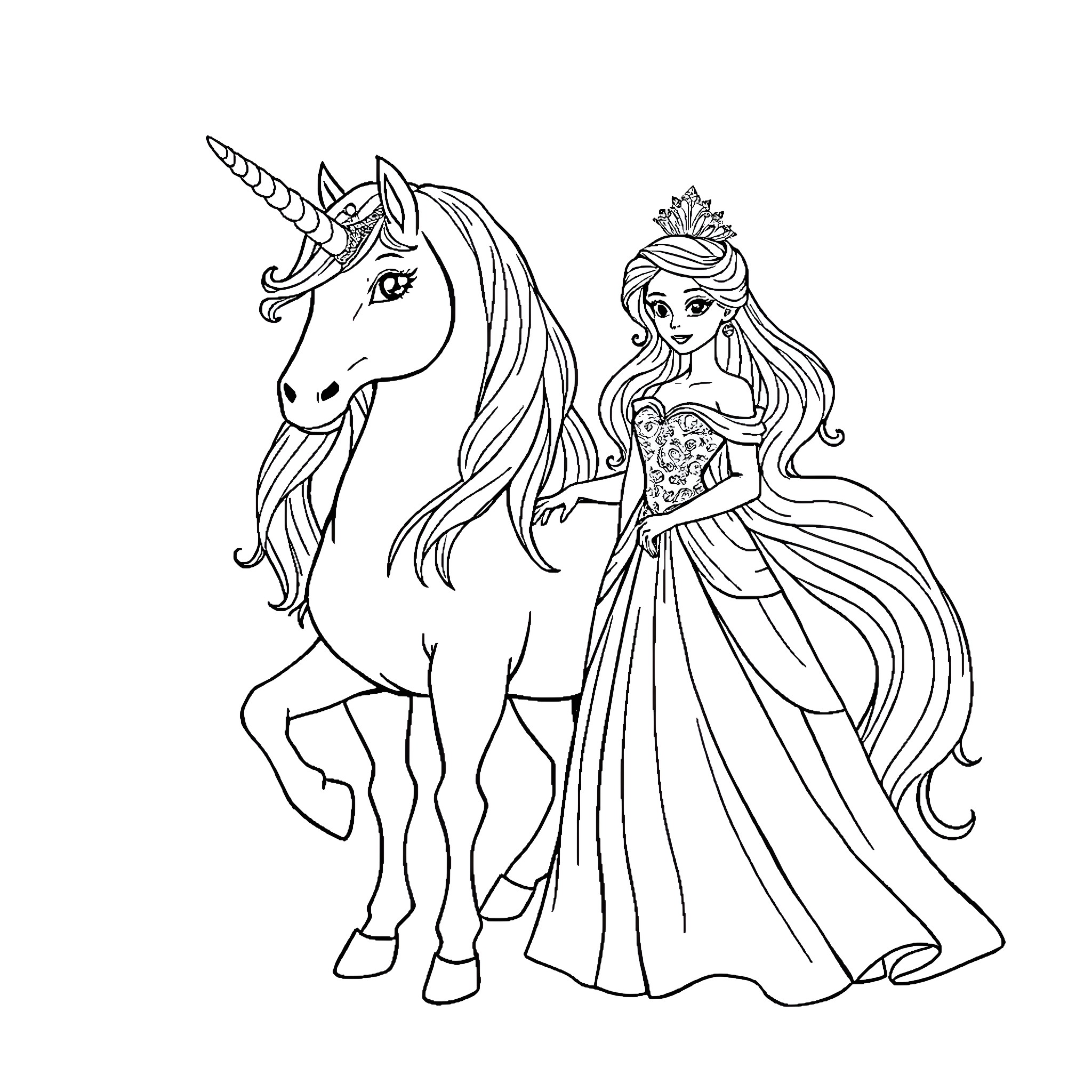 Unicorn and Princess in Elaborate Outfits Coloring Page (free black-and-white line drawing printable PDF for all, from beginners to advanced learners, including children, teens, adults, and seniors)