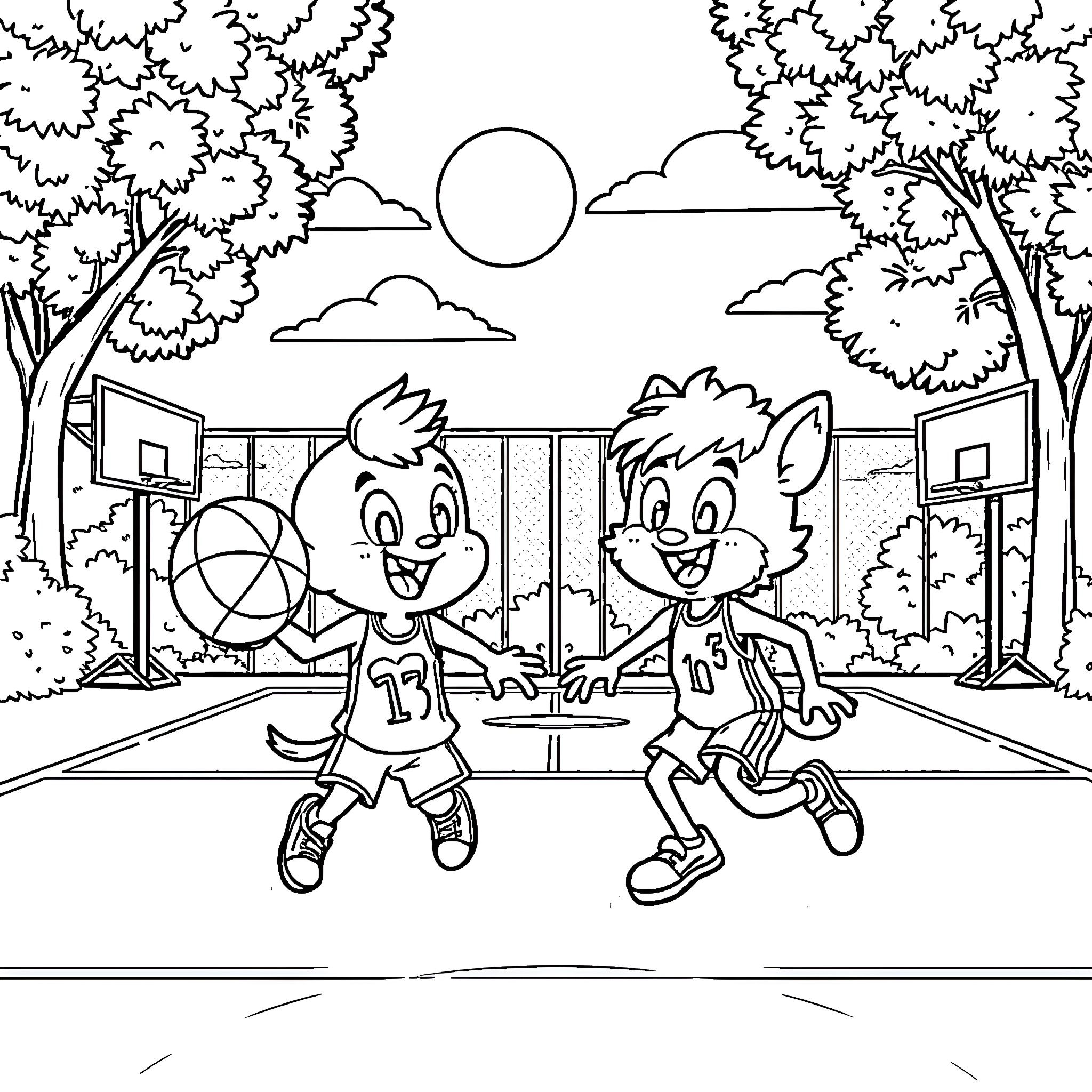 Hachuping Kids Playing Basketball on Sunny Day Coloring Page (free black-and-white line drawing printable PDF for all, from beginners to advanced learners, including children, teens, adults, and seniors)