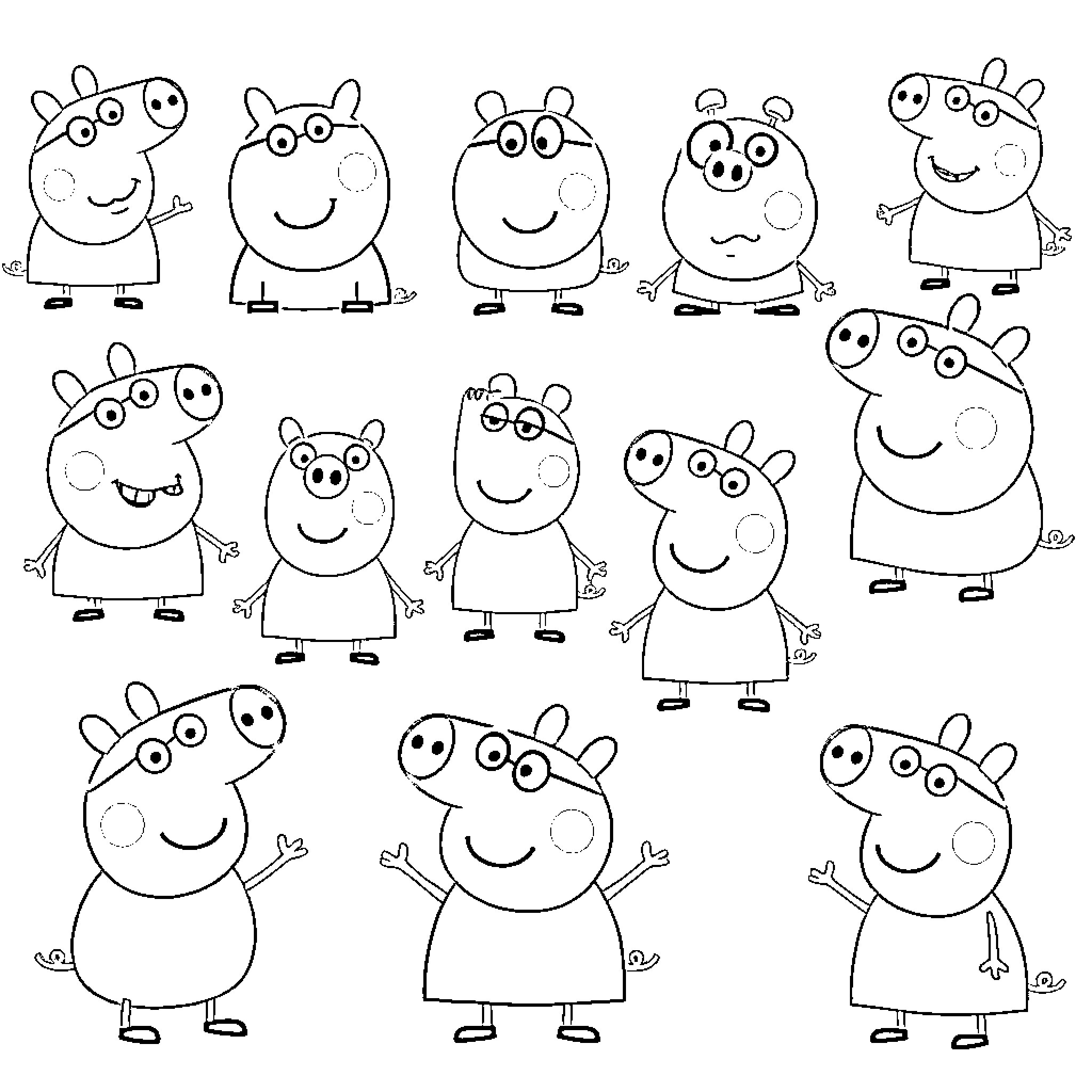 Pepa Pig and Family - Diverse Expressions and Poses Coloring Page (free black-and-white line drawing printable PDF for all, from beginners to advanced learners, including children, teens, adults, and seniors)