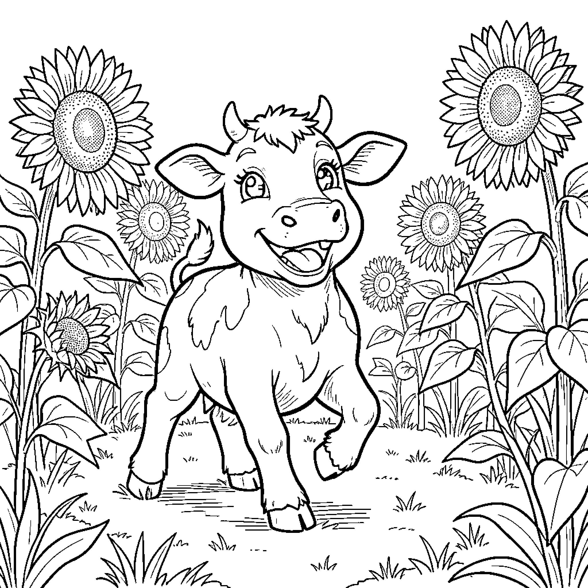 Cow enjoying a sunny day in a field of sunflowers Coloring Page (free black-and-white line drawing printable PDF for all, from beginners to advanced learners, including children, teens, adults, and seniors)