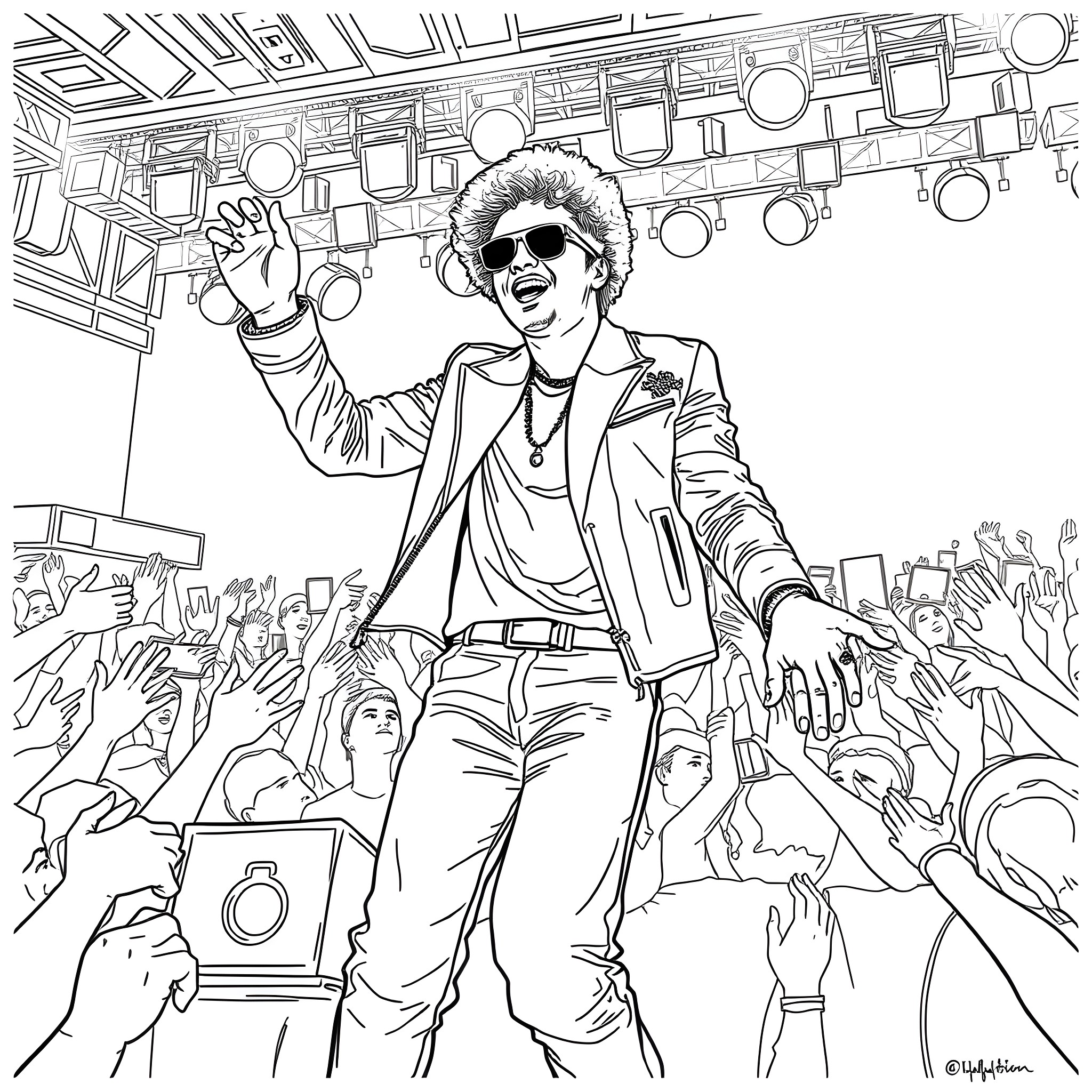 Bruno Mars performing on stage with crowd Coloring Page (free black-and-white line drawing printable PDF for all, from beginners to advanced learners, including children, teens, adults, and seniors)