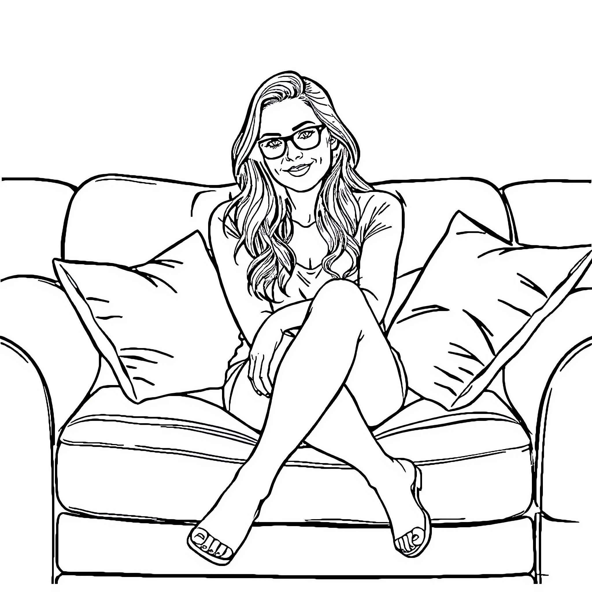 Katja Kassin relaxing on the sofa Coloring Page (free black-and-white line drawing printable PDF for all, from beginners to advanced learners, including children, teens, adults, and seniors)