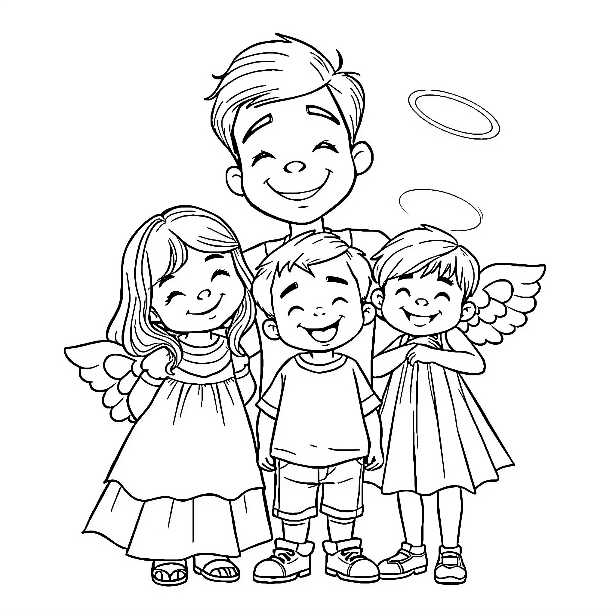 Father with Angelic Children Coloring Page (free black-and-white line drawing printable PDF for all, from beginners to advanced learners, including children, teens, adults, and seniors)