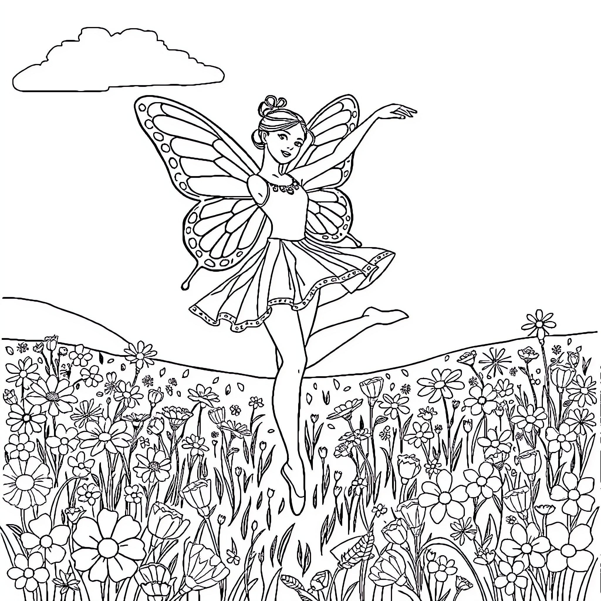 Ballerina fairy dancing in a flowery meadow Coloring Page (free black-and-white line drawing printable PDF for all, from beginners to advanced learners, including children, teens, adults, and seniors)