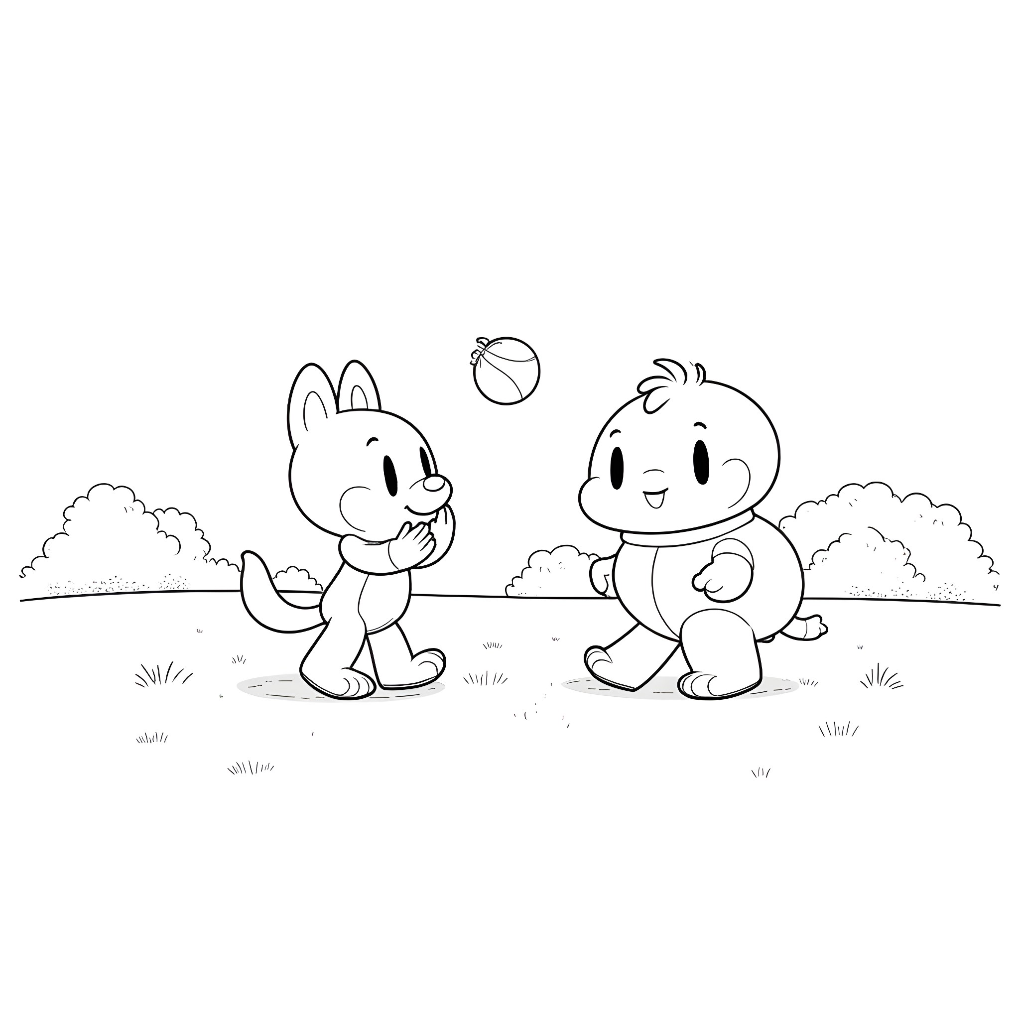 Sans cartoon characters playing with ball in park Coloring Page (free black-and-white line drawing printable PDF for all, from beginners to advanced learners, including children, teens, adults, and seniors)